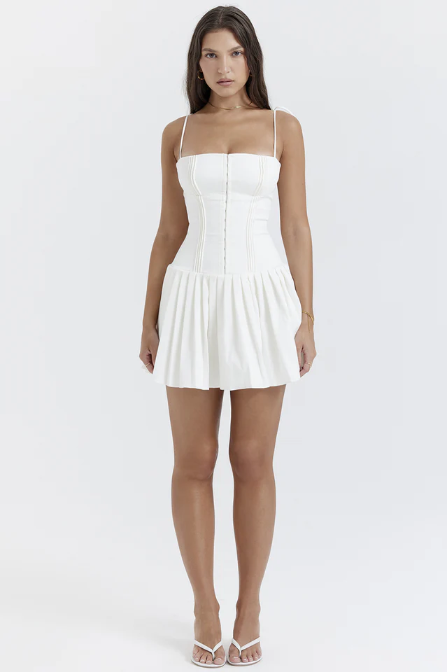 Marcy White Pleated Mini Dress