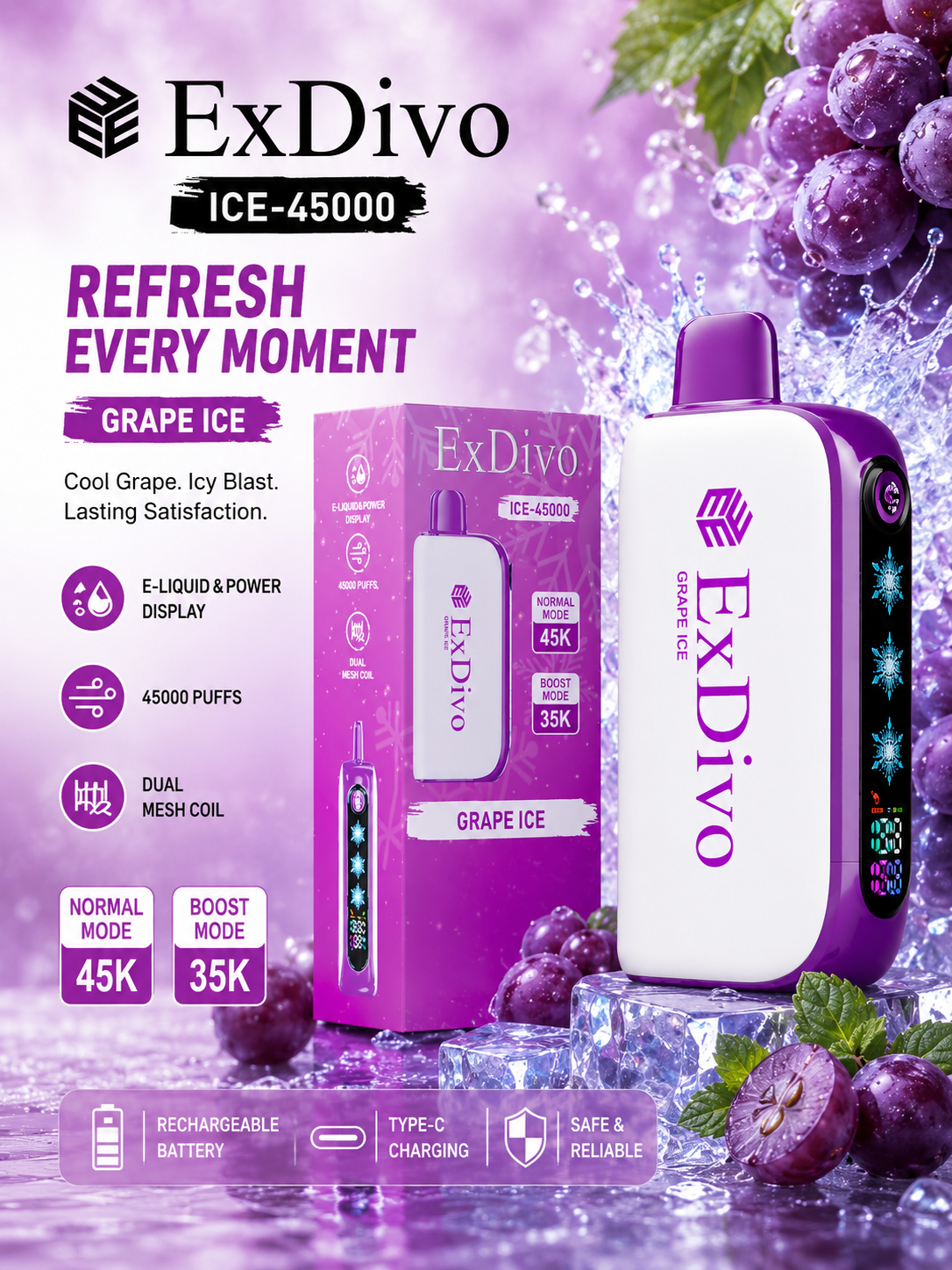 ExDivo Ice Flame Vape 45000 Puffs——GRAPE ICE