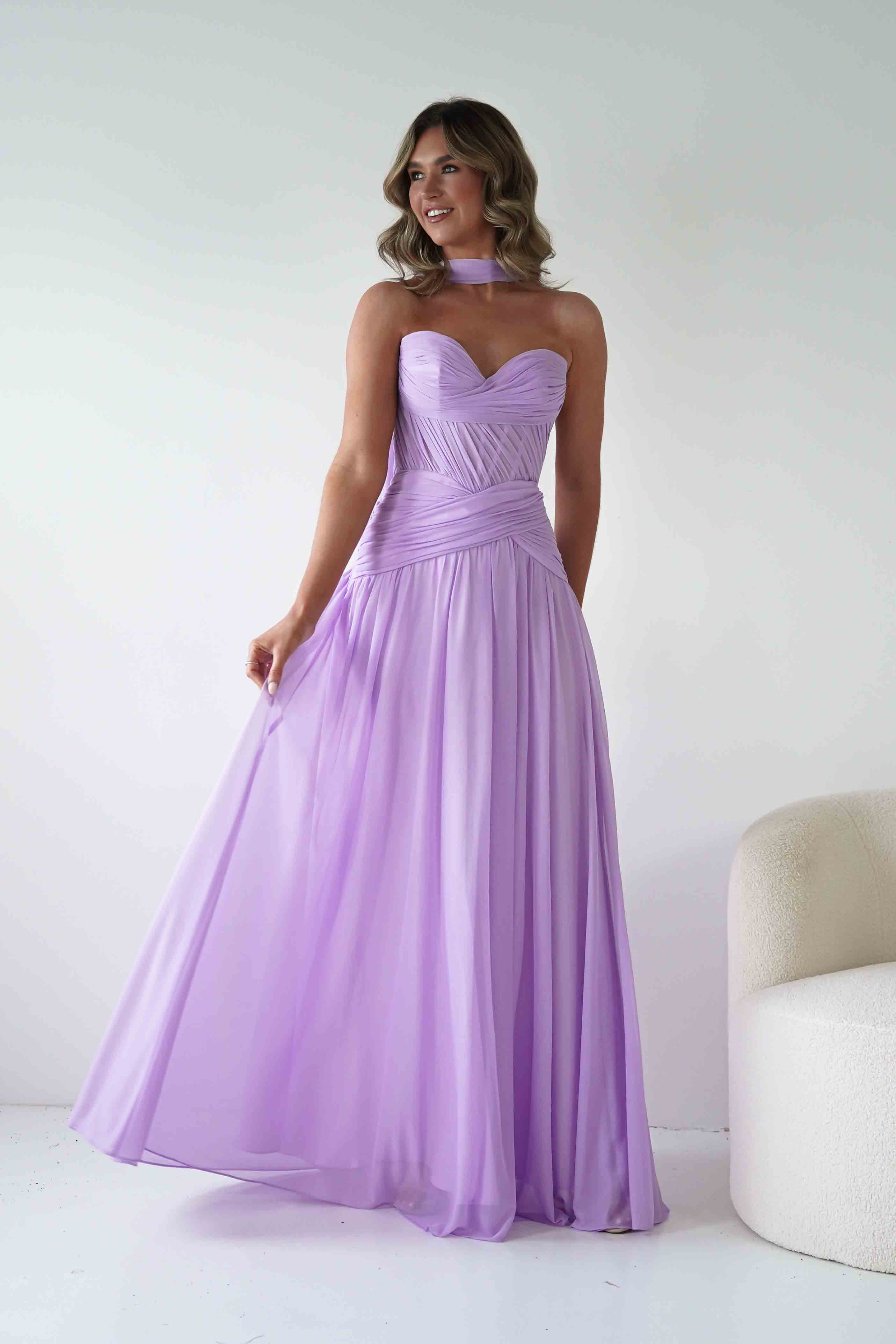Nicolette Strapless Chiffon Maxi Gown | Lavender