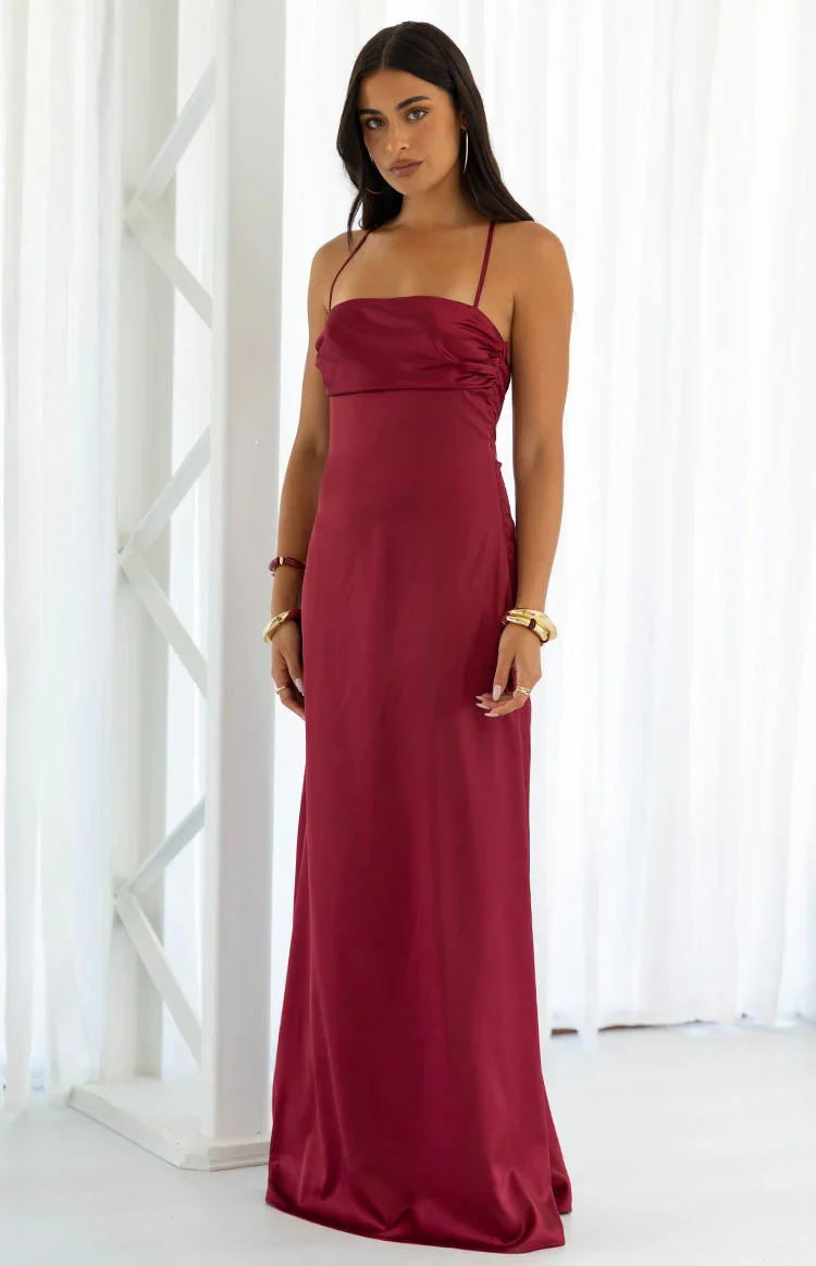 Blaise Burgundy Satin Maxi Dress