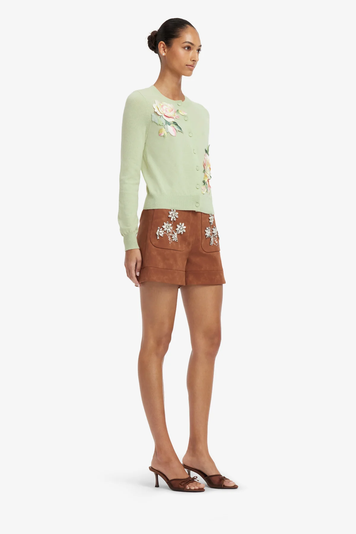 Claire Embroidered Cashmere Blend Cardigan - Pistachio Rose Print