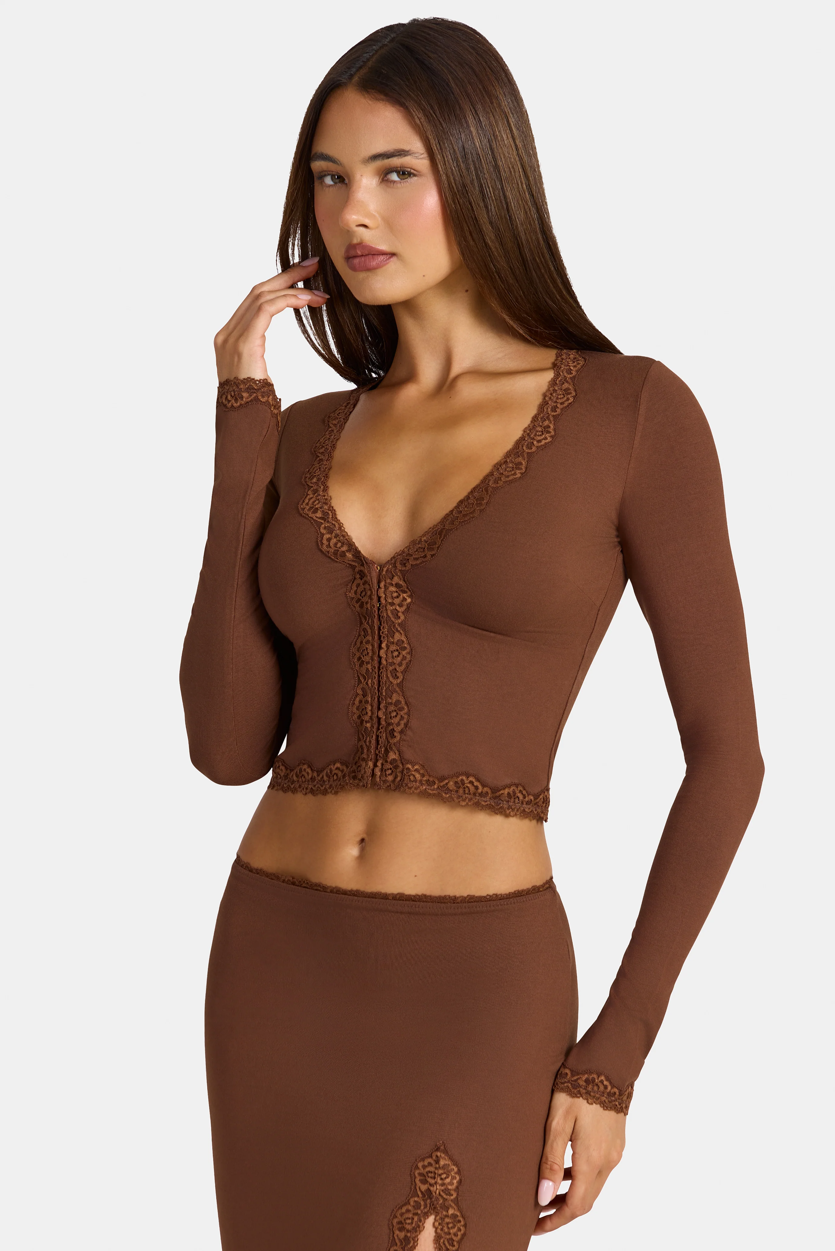 Modal Lace-Trim Cropped Cardigan  in Cocoa Brown