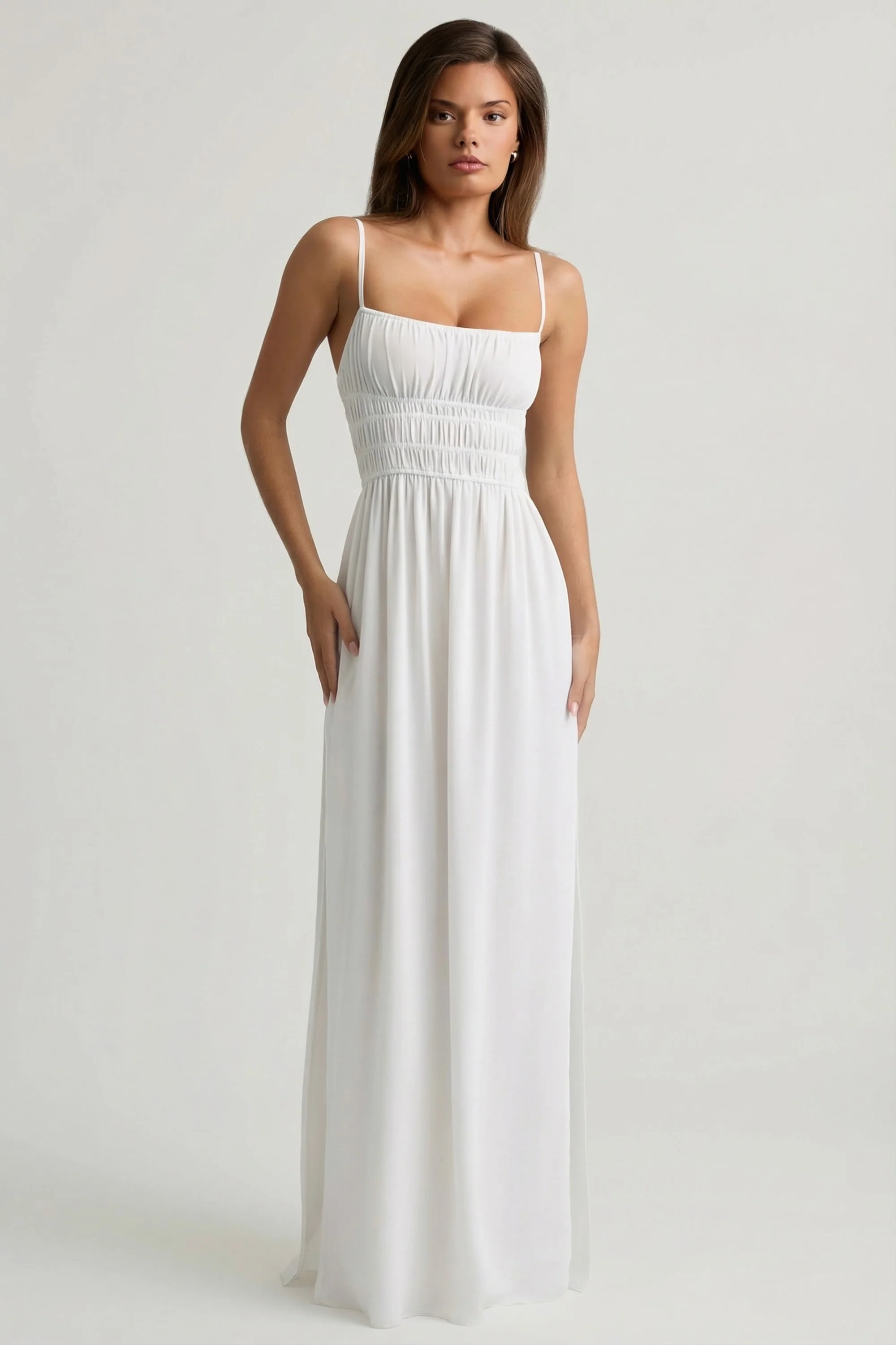 Shirred Camisole Maxi Dress in White