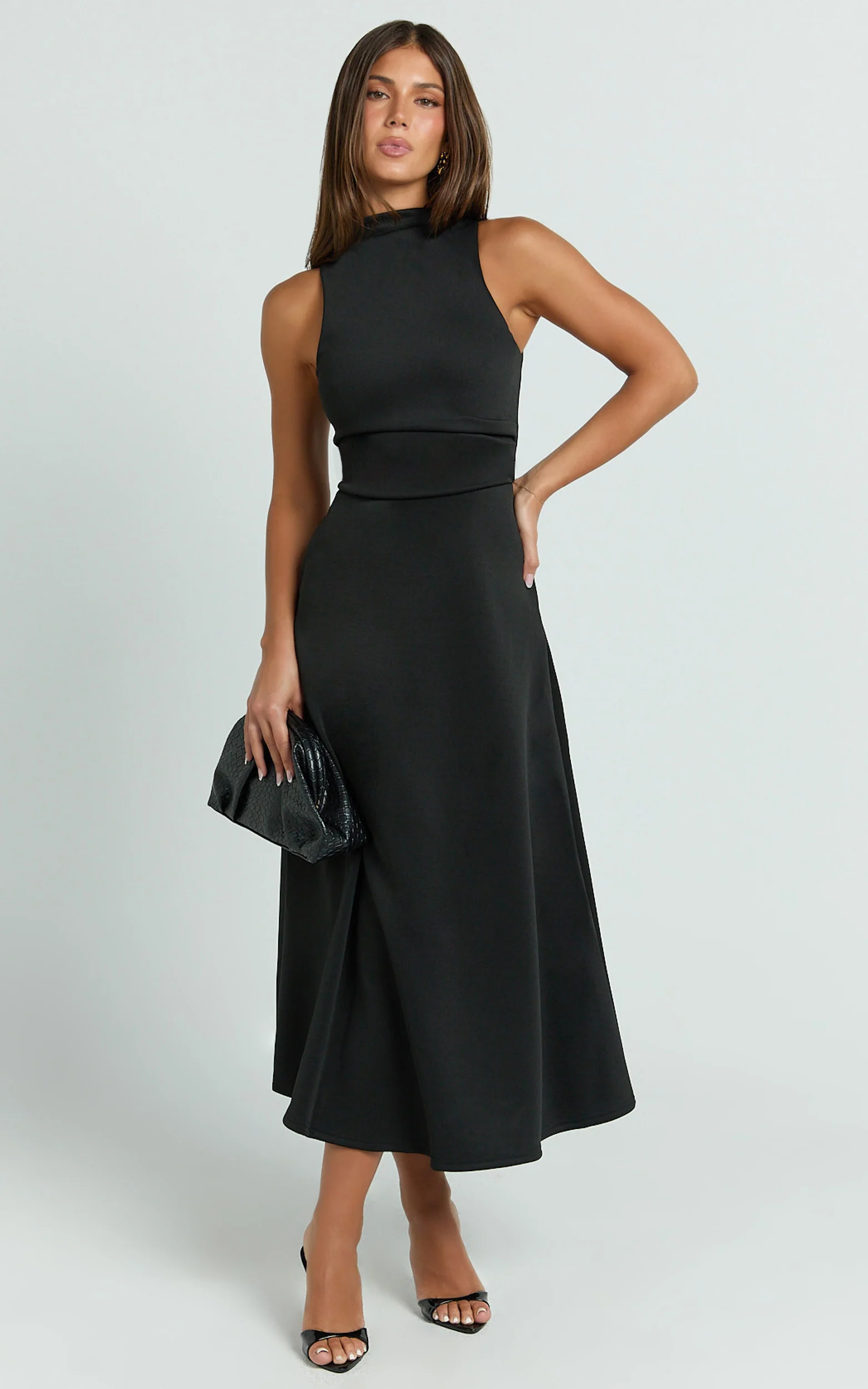 Macy Midi Dress - High Neck A Line Dress in Black