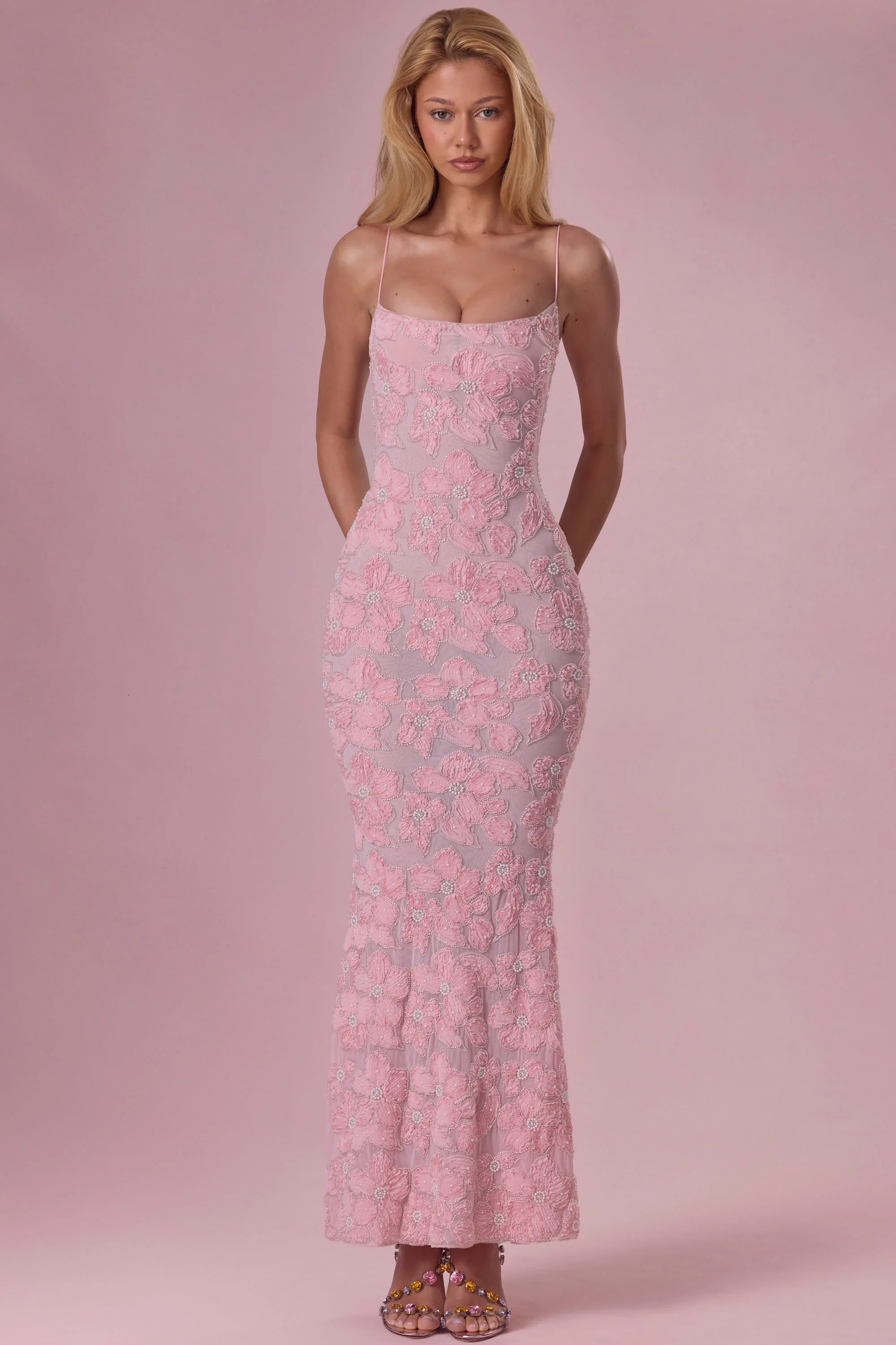 Embellished Square Neck Maxi Dress in Blush