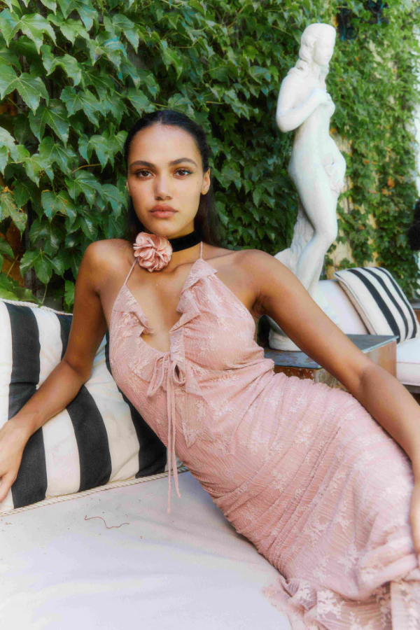 Lace Halter Asymmetrical Midi Dress