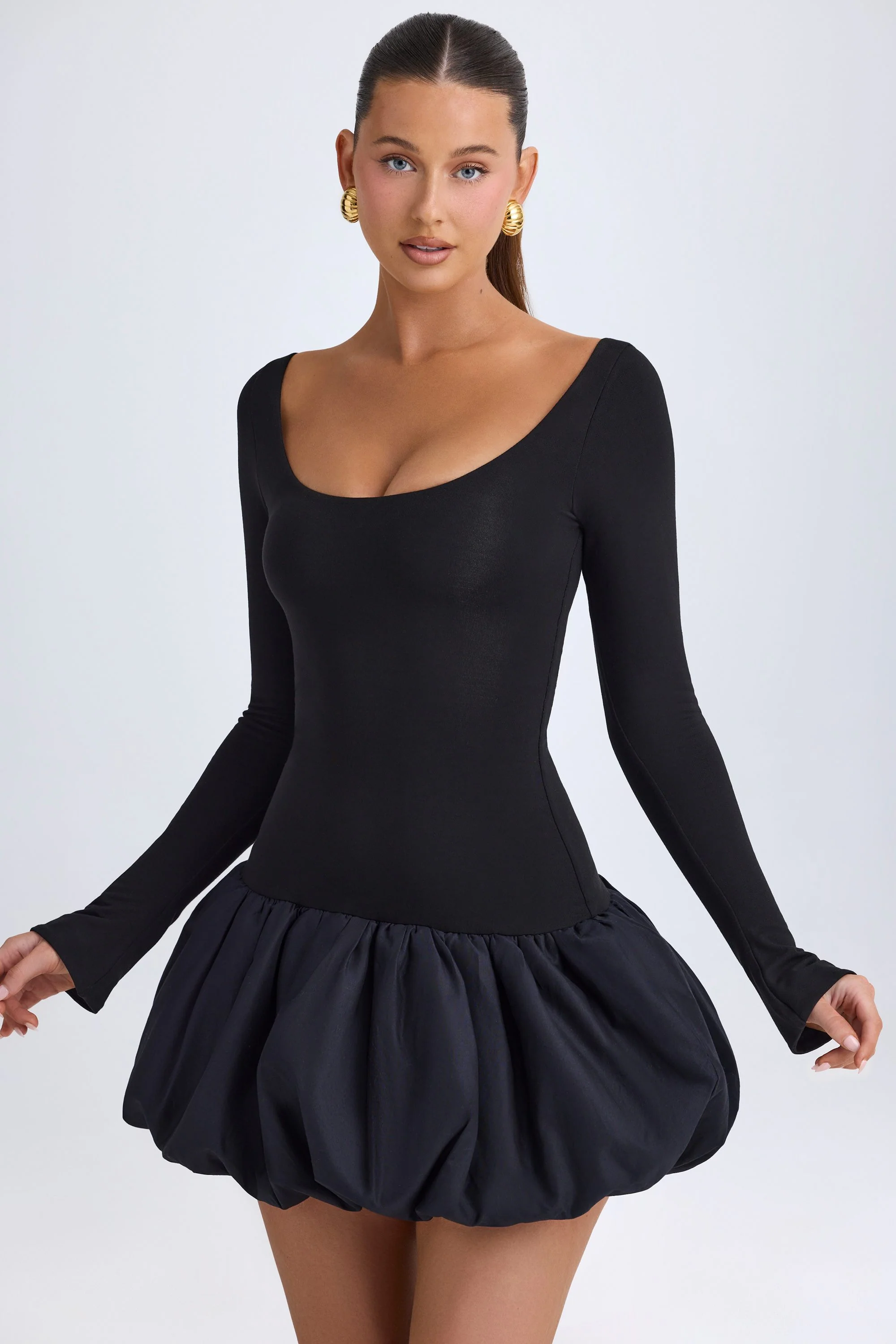Modal Scoop-Neck Drop-Waist Bubble Hem Mini Dress in Black
