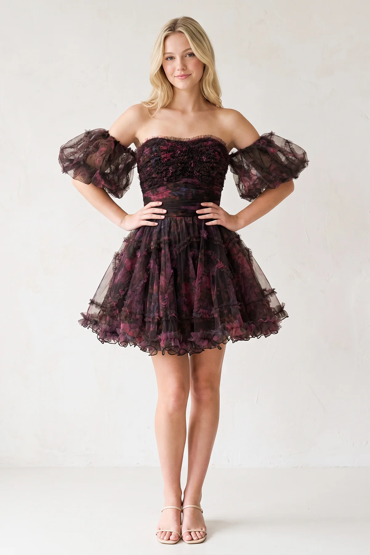 Blue Puff Sleeves Ruffles A-line Prints Homecoming Dress