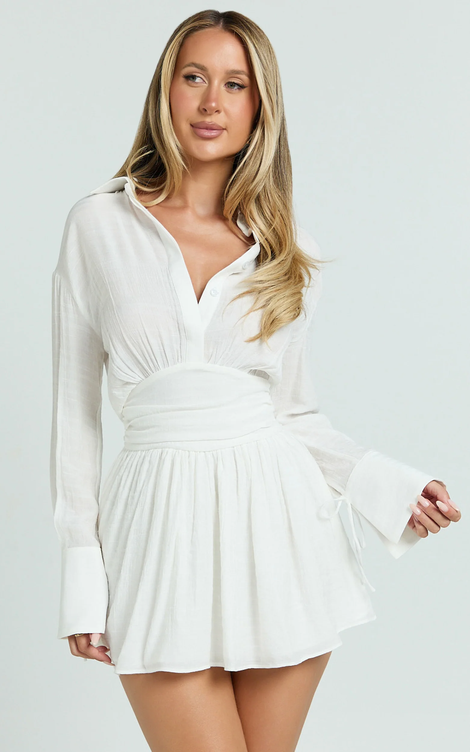 Valerie Mini Dress - Collared Long Sleeve Waist Shirt Dress in White