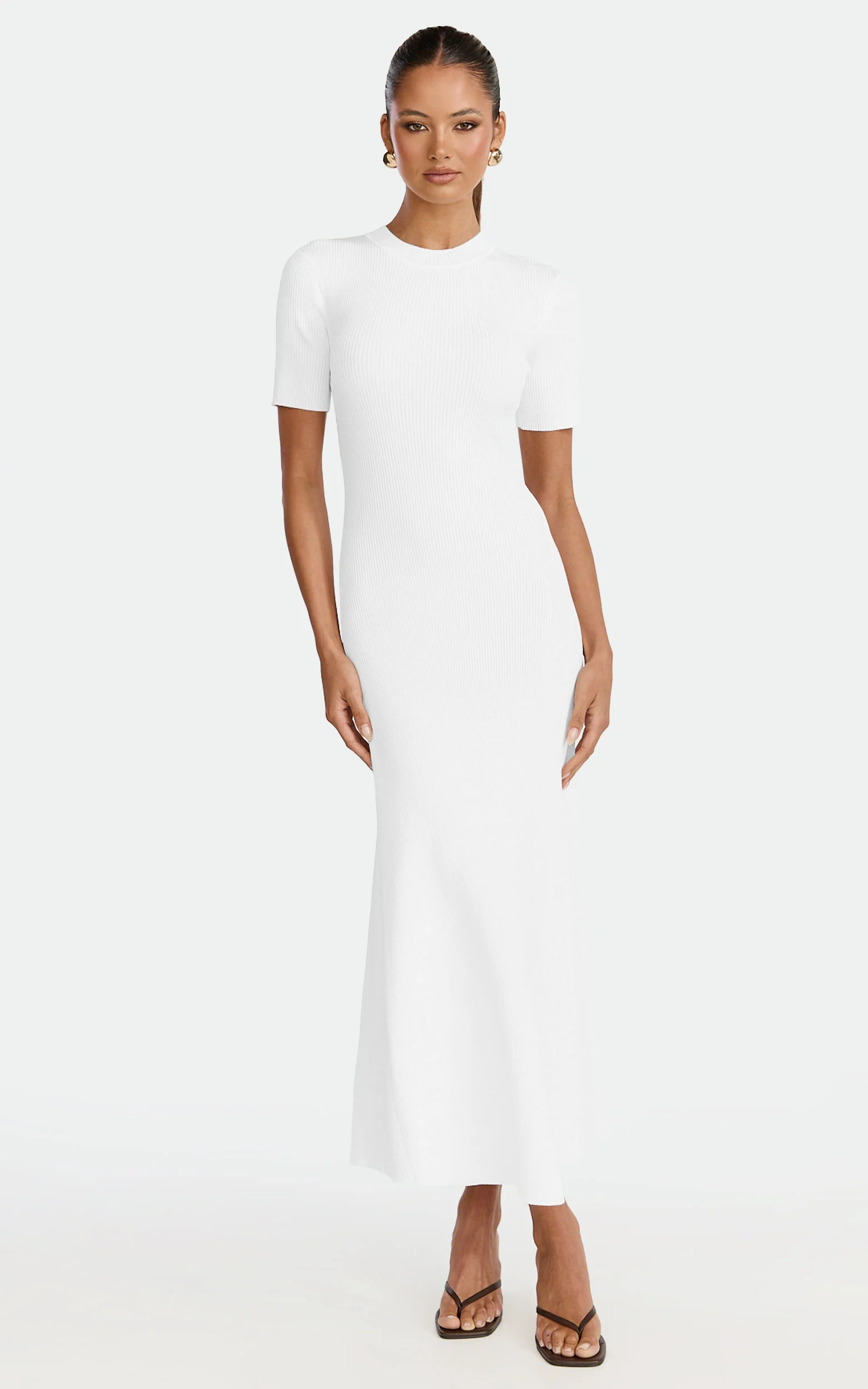 Lanie Midi Dress - Knitted Crew Neck Short Sleeve Dress in Cream