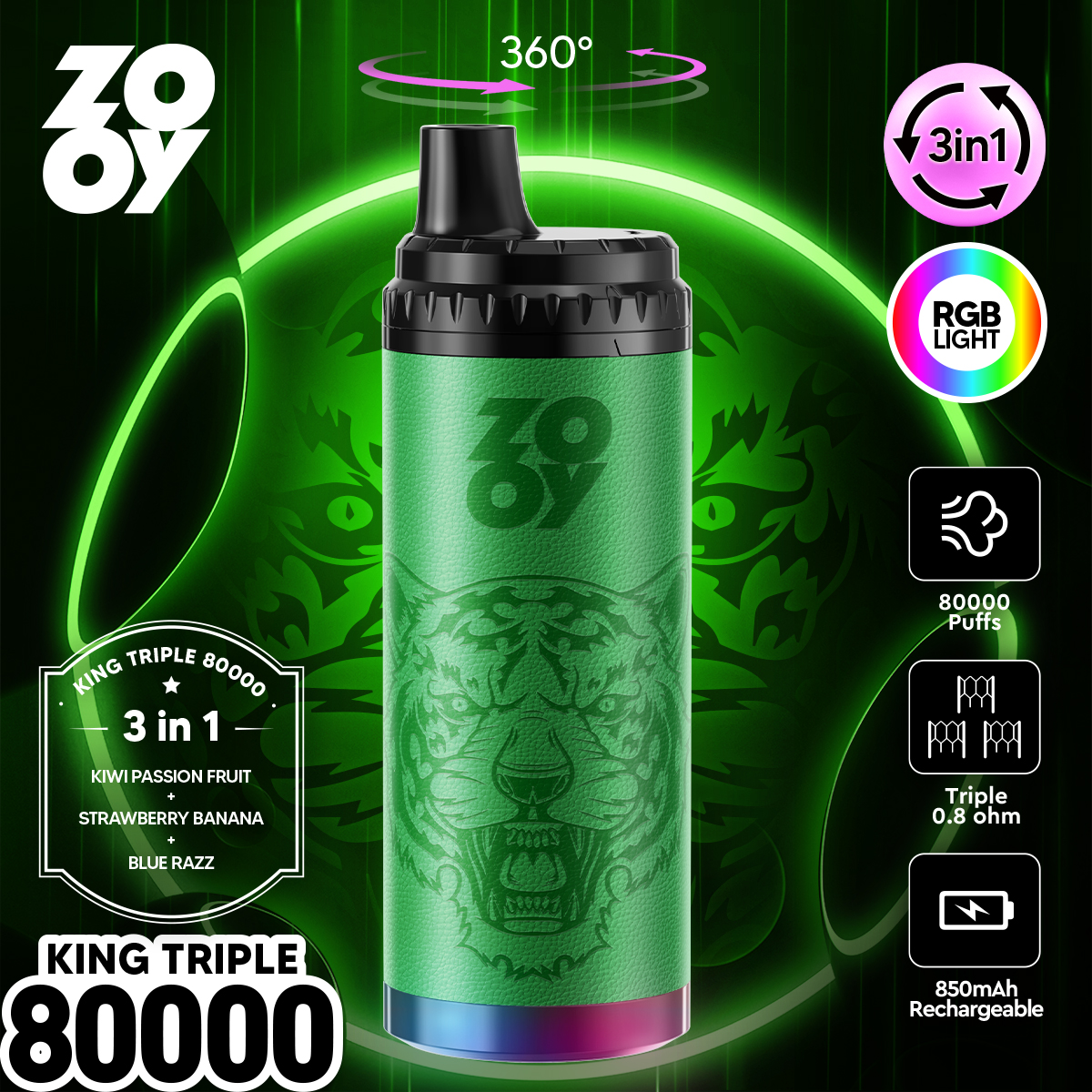 ZOOY KING 80K 3 in 1 - kiwi passions fruit&Strawberry banana*Blue razz