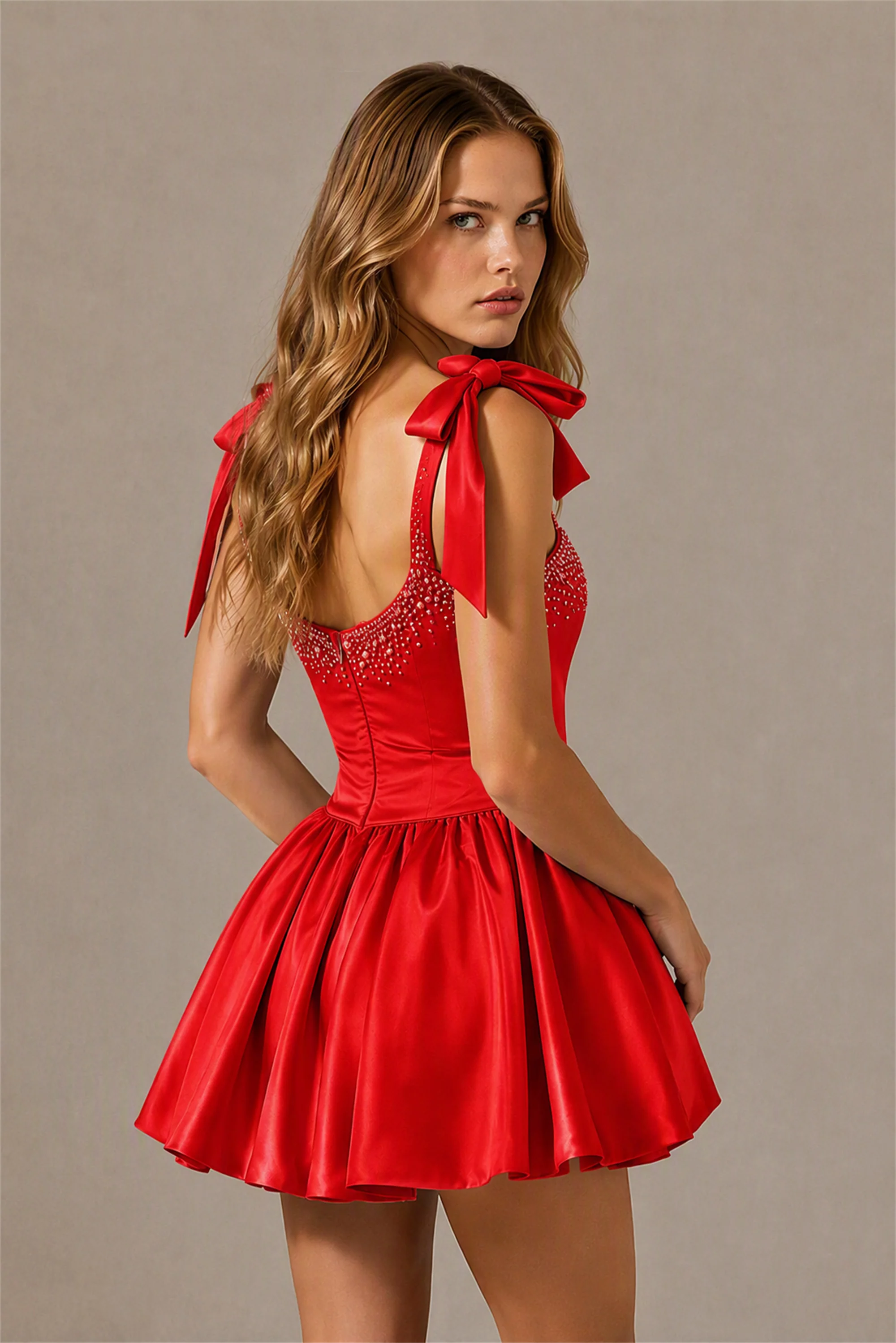 BOLODOO Red Satin Pearl Embellished Sweetheart Bow Strap Bubble Hem Mini Dress | Cocktail Prom Homecoming Dress