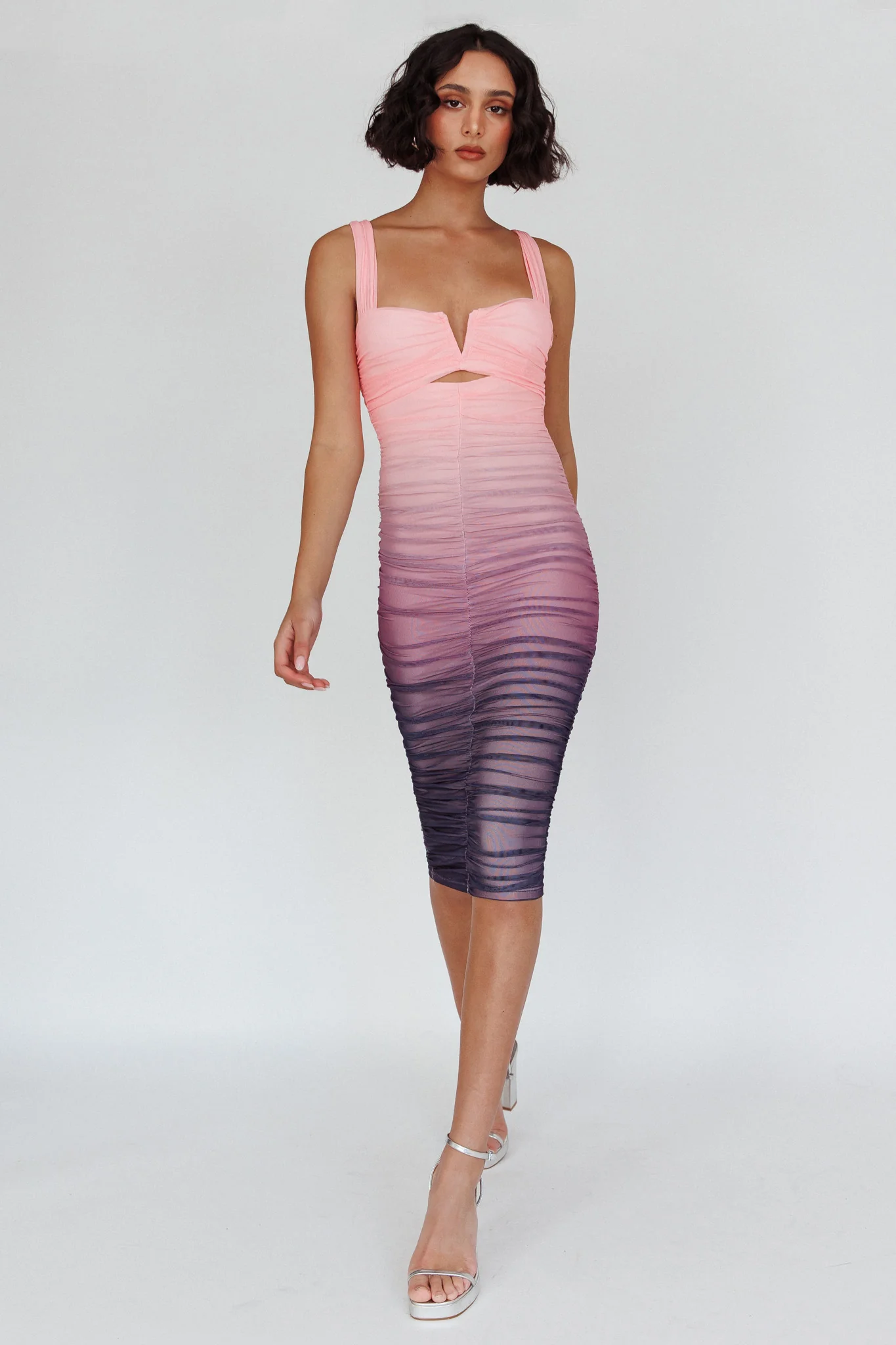 Nadia Ruched Midi Dress Gradient Pink