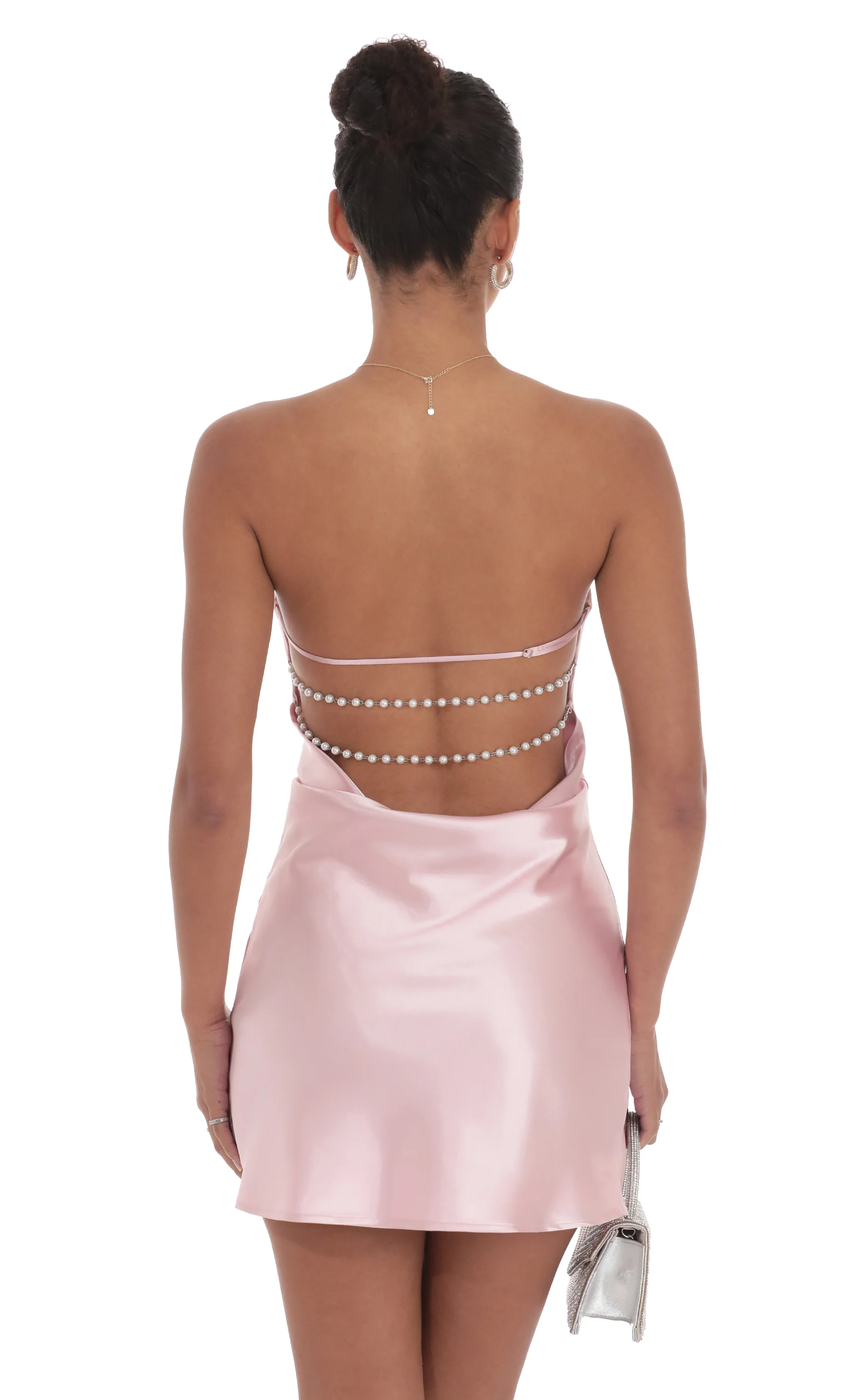 Satin Pearl Open Back Dress in Pink
