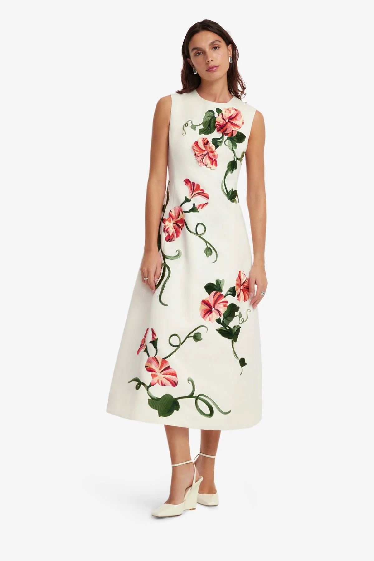 Cleo Appliqué Sleeveless Midi Dress - Vine Print in Snow