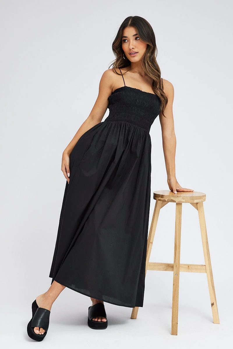 Black Maxi Dress Shirred Bust Poplin