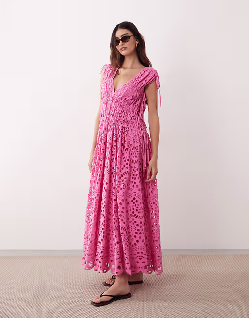 ARRANGE broderie drawstring detail trapeze maxi dress in bright pink