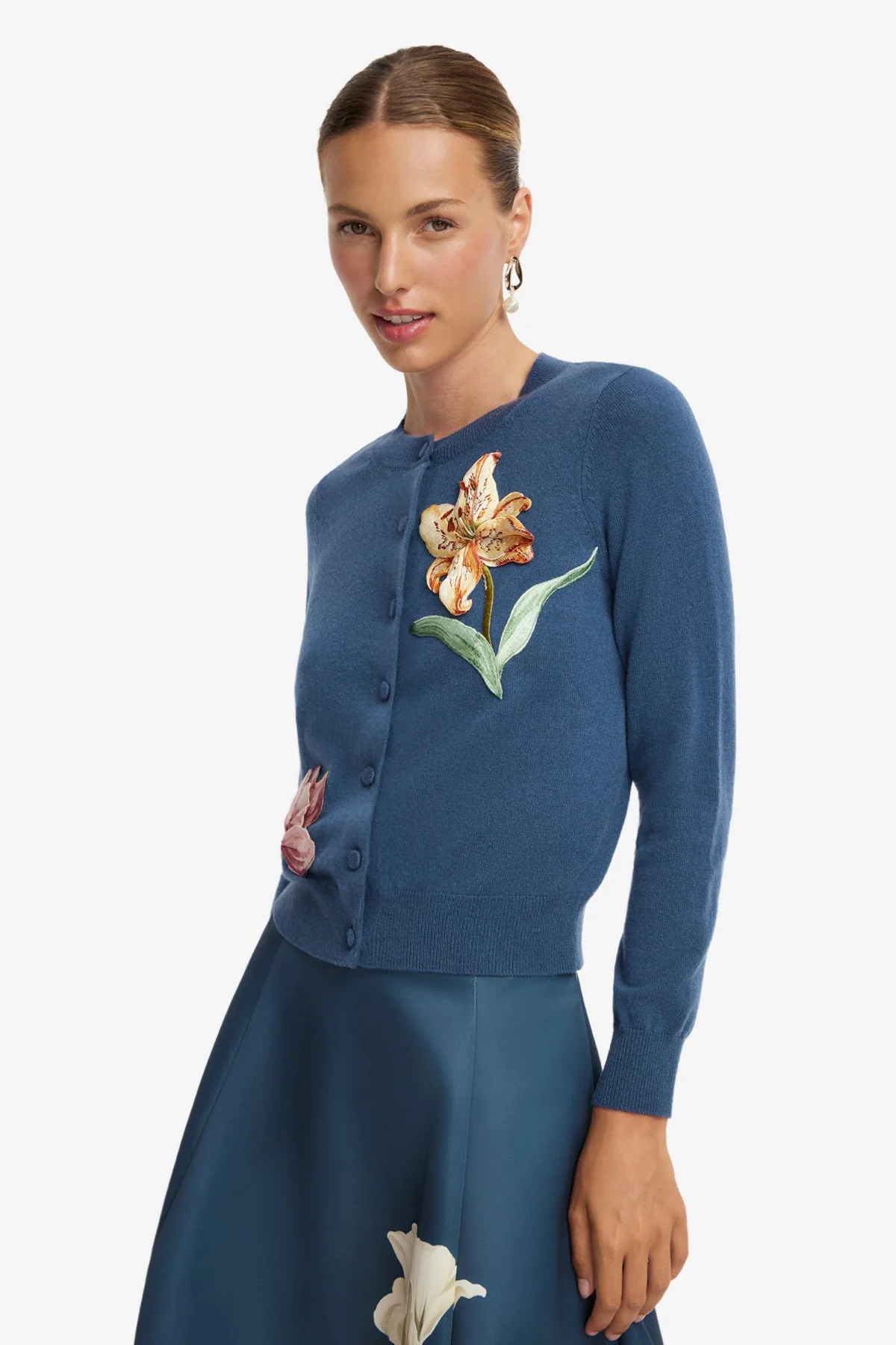 Claire Embroidered Cashmere Blend Cardigan - Lily Print in Indigo