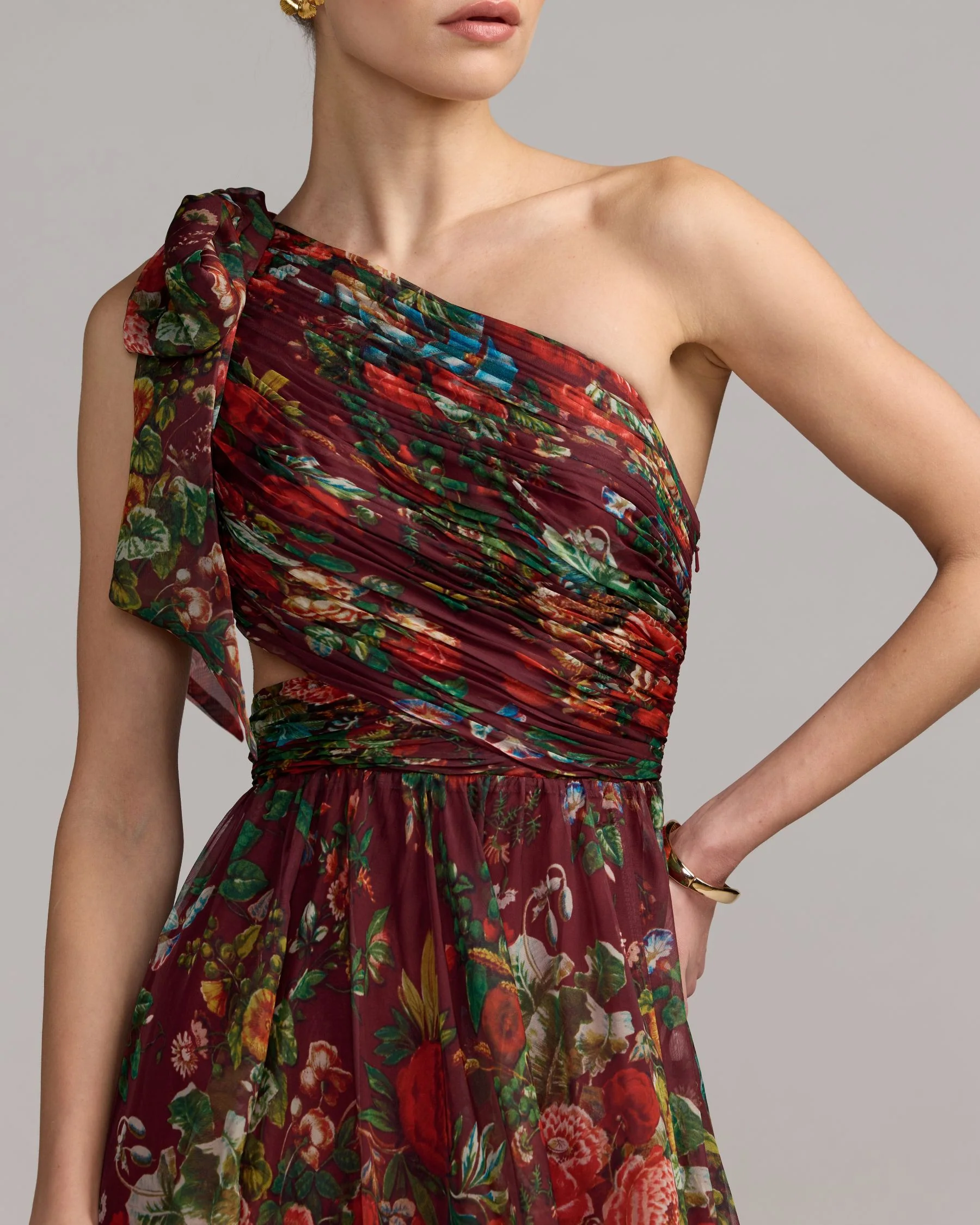 Burgundy One Shoulder Floral Printed Chiffon Side Cut Out Gown - FASHION NOB