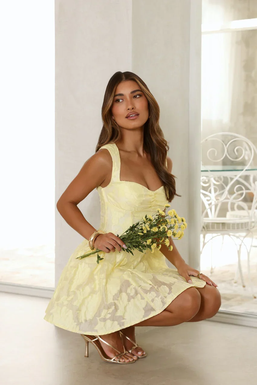 Sweetheart Textured Fit And Flare Mini Dress Yellow - FASHION NOB