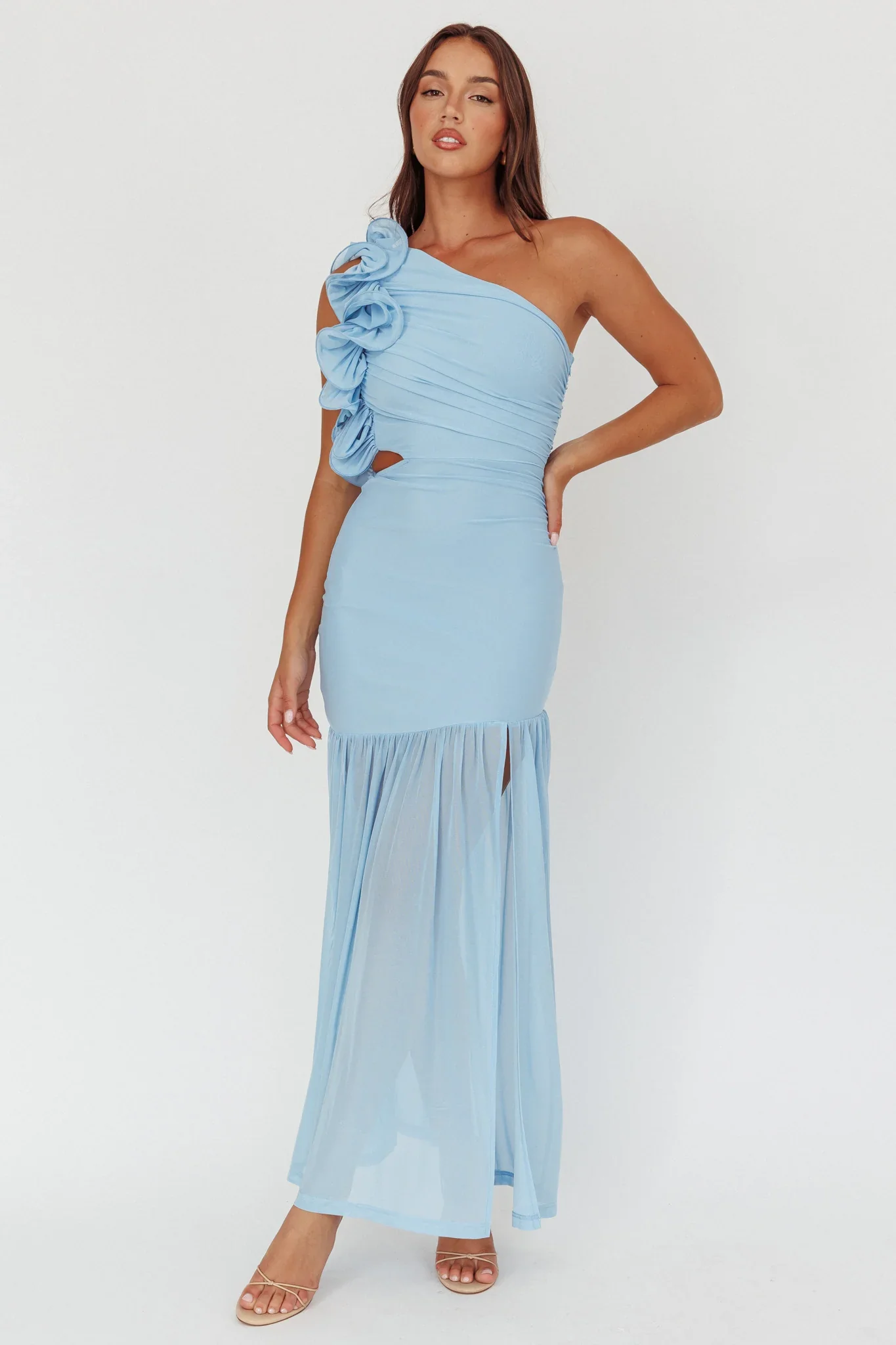 Deanna One-Shoulder Sheer Hem Maxi Dress Blue