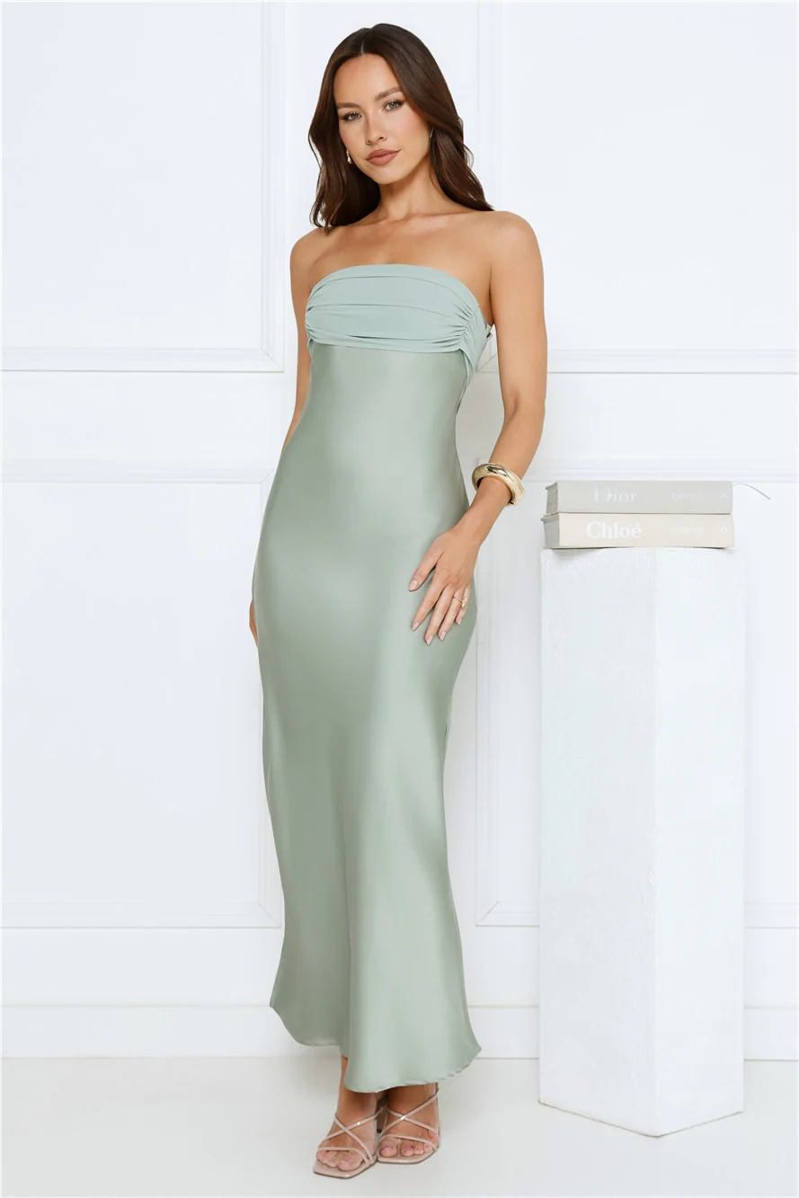 Every Love Song Satin Strapless Maxi Dress Sage