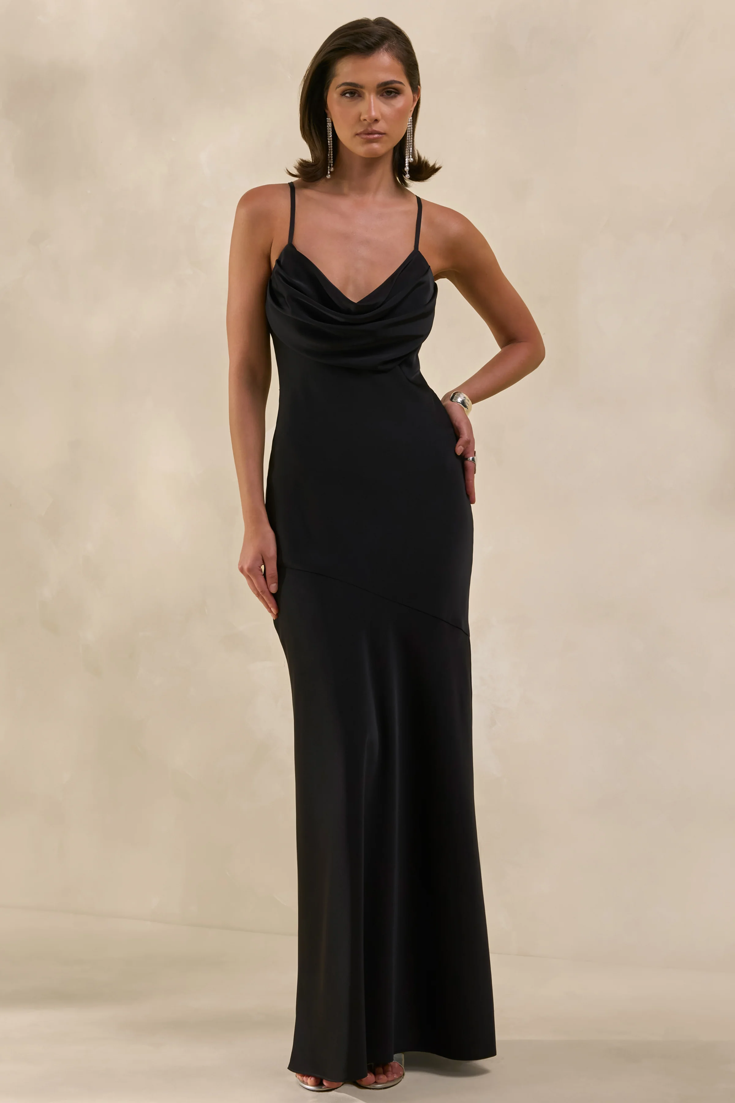 Anarelle | Black Satin Cowl-Neck Maxi Dress