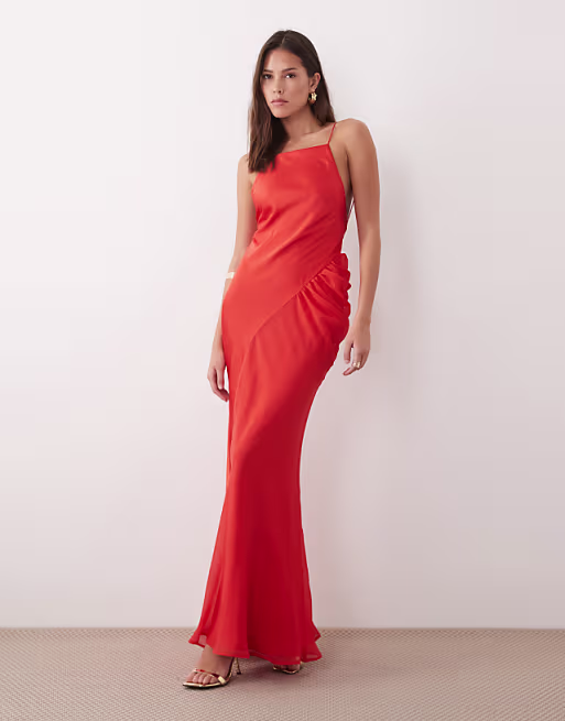 square neck satin and chiffon mix maxi dress in coral