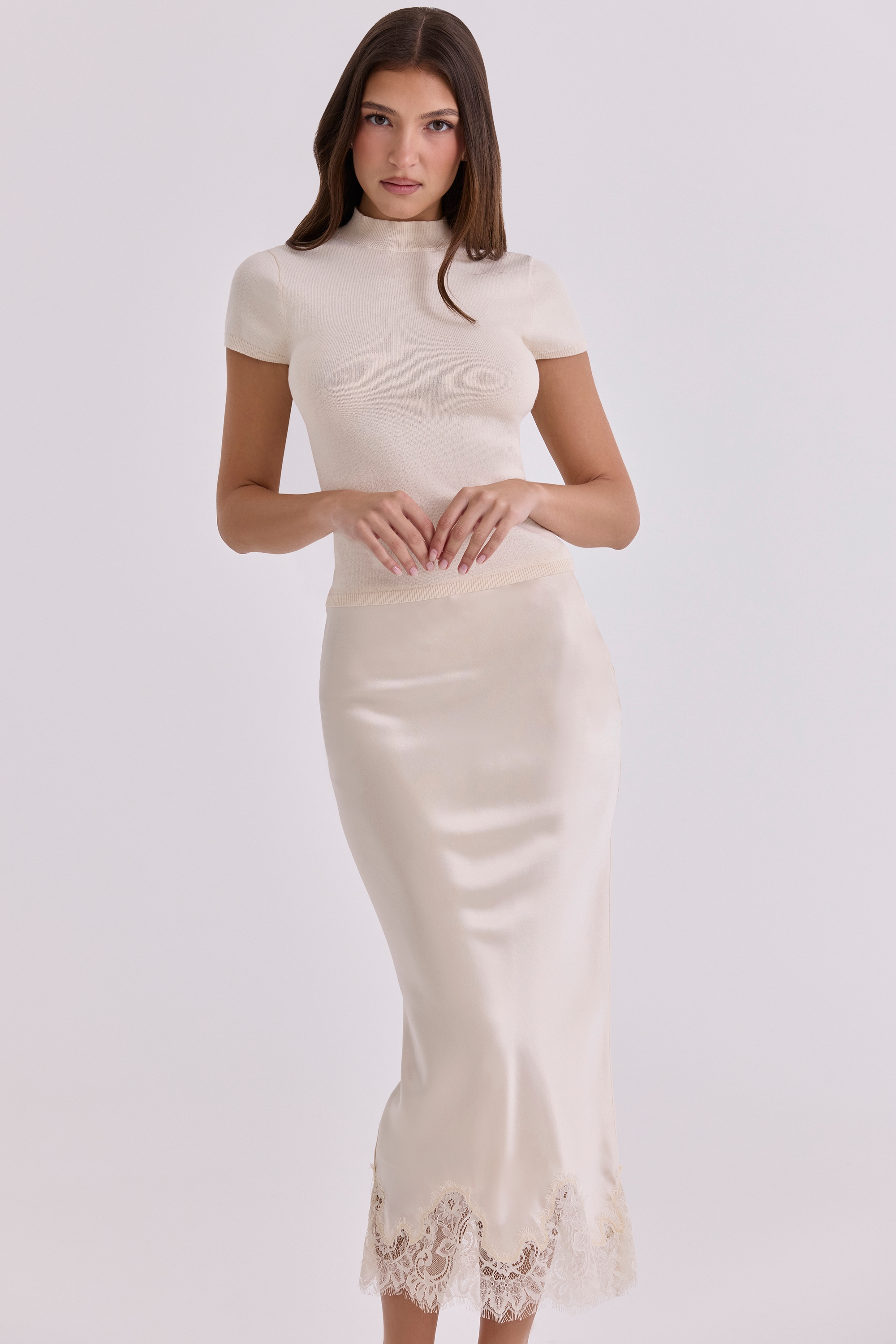vintage ivory satin + lace midi skirt