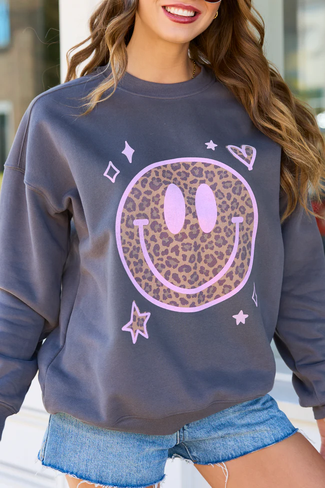 Leopard Smiley Face Dark Grey Graphic Sweatshirt