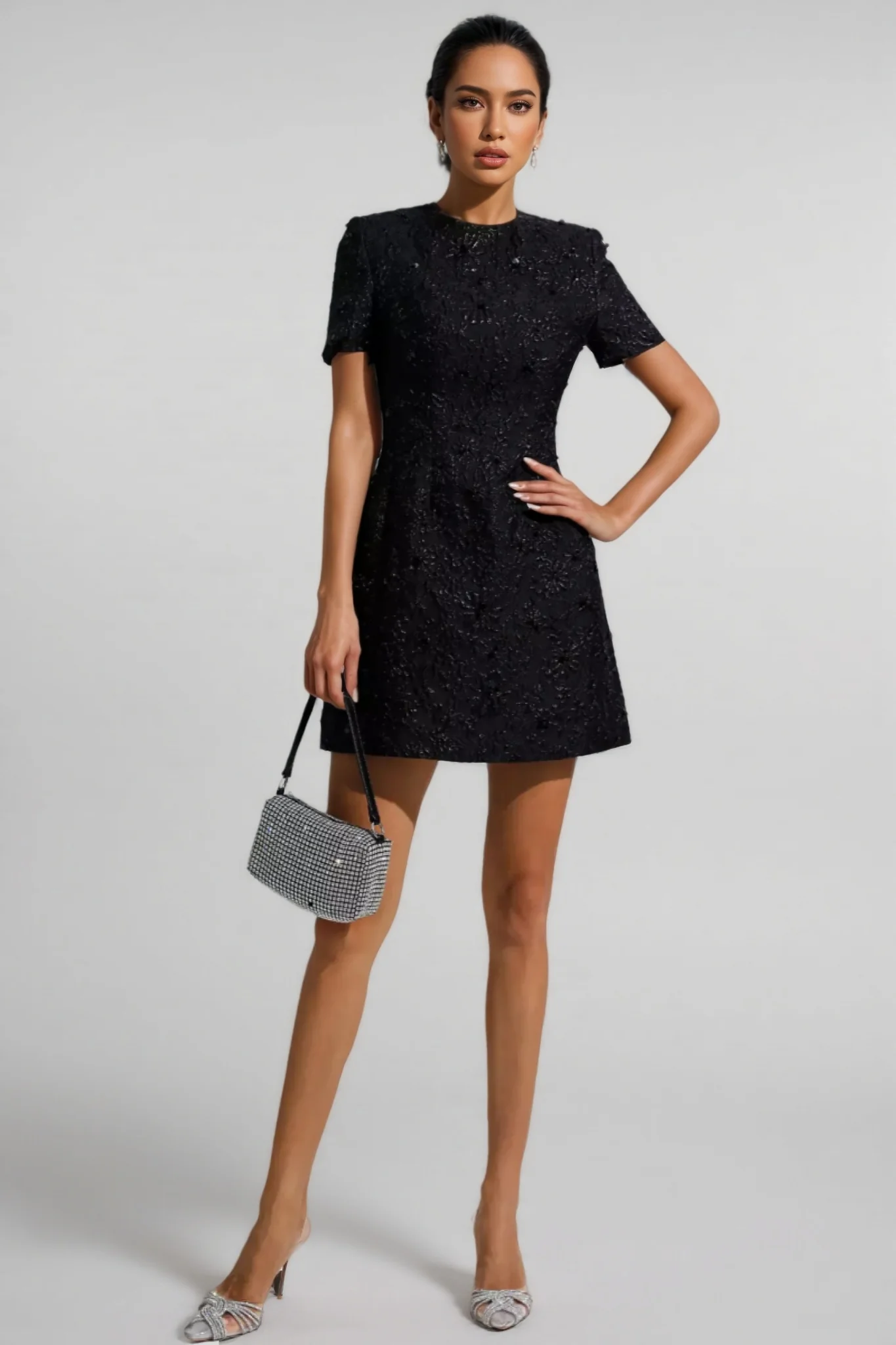 Umeko Black Jacquard Floral Mini Dress