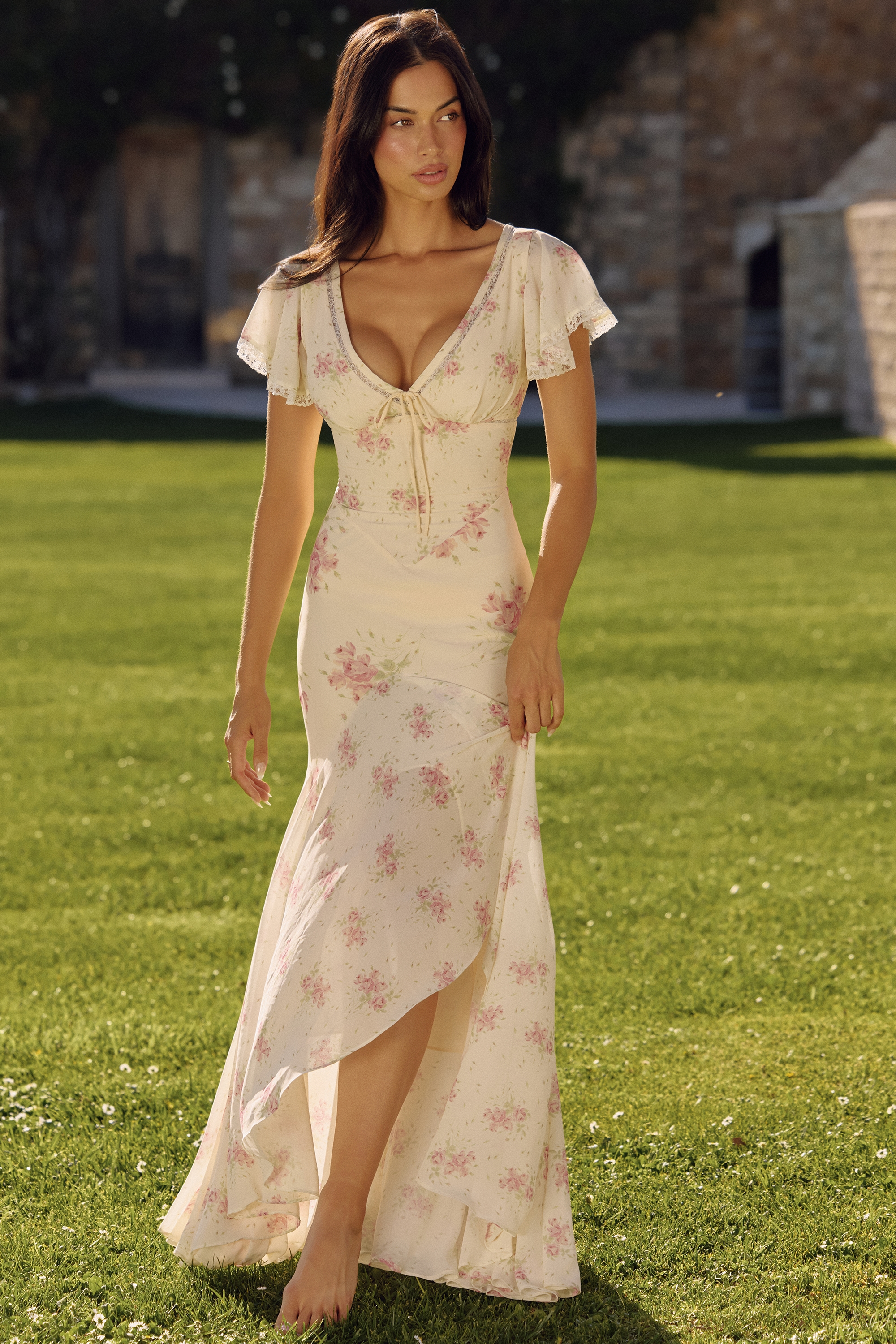 ivory vintage rose print georgette maxi tea dress