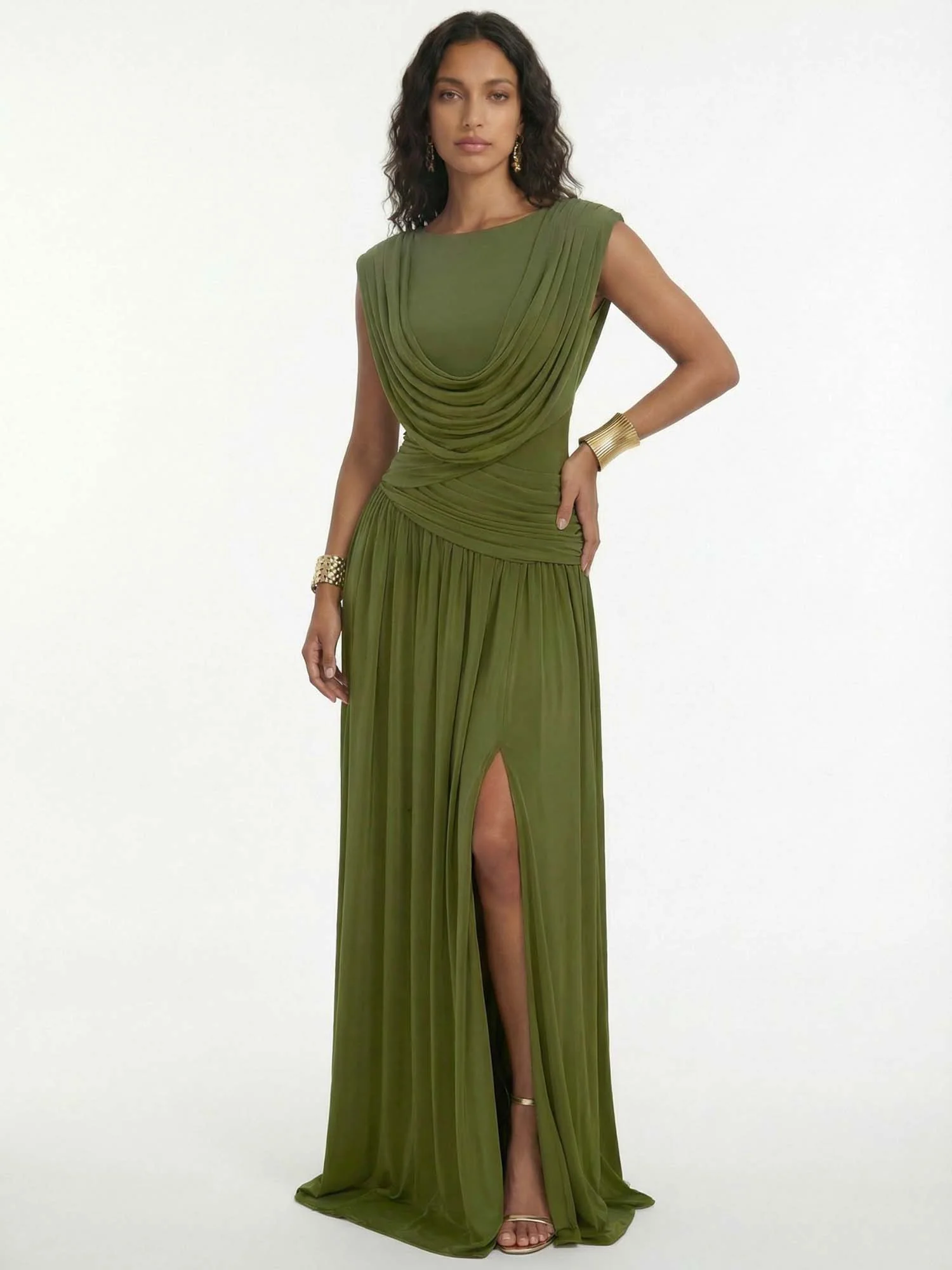 Olive Drape Goddess Maxi Dress