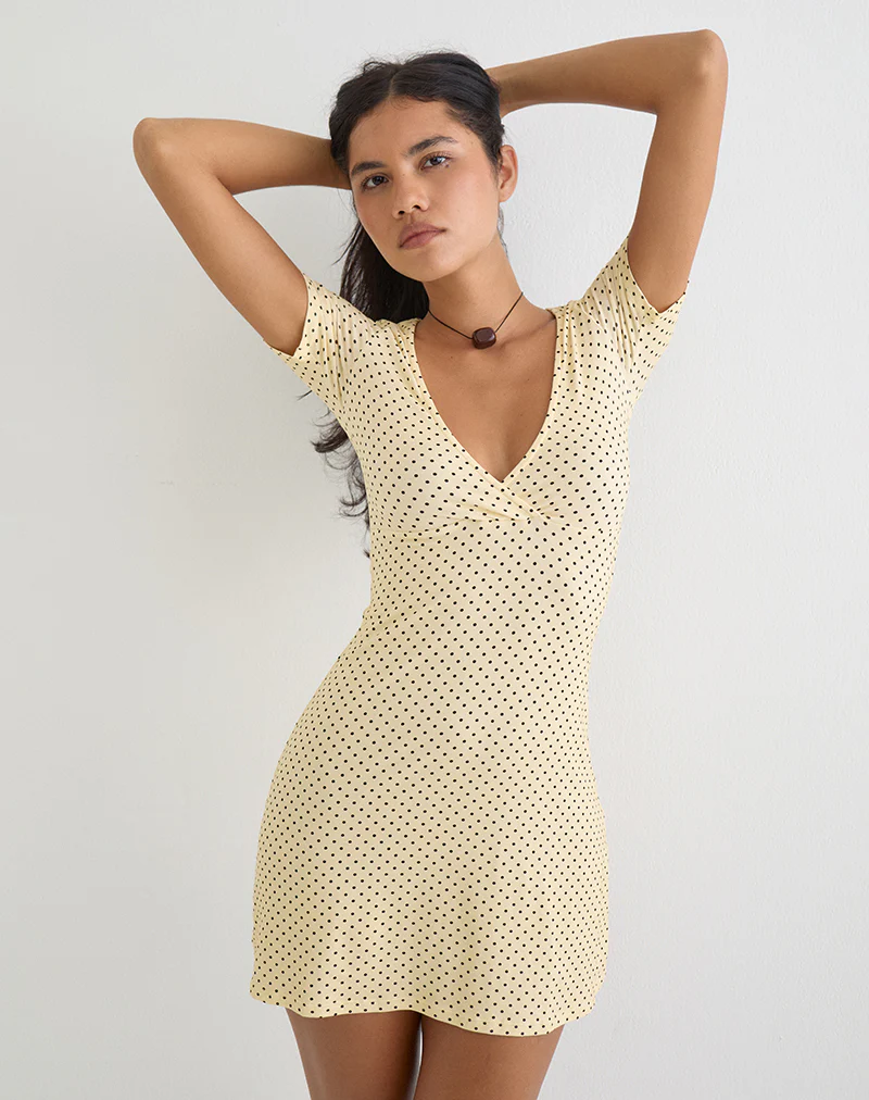 Letiria Mini Dress in Butter Yellow with Micro Polka Dots