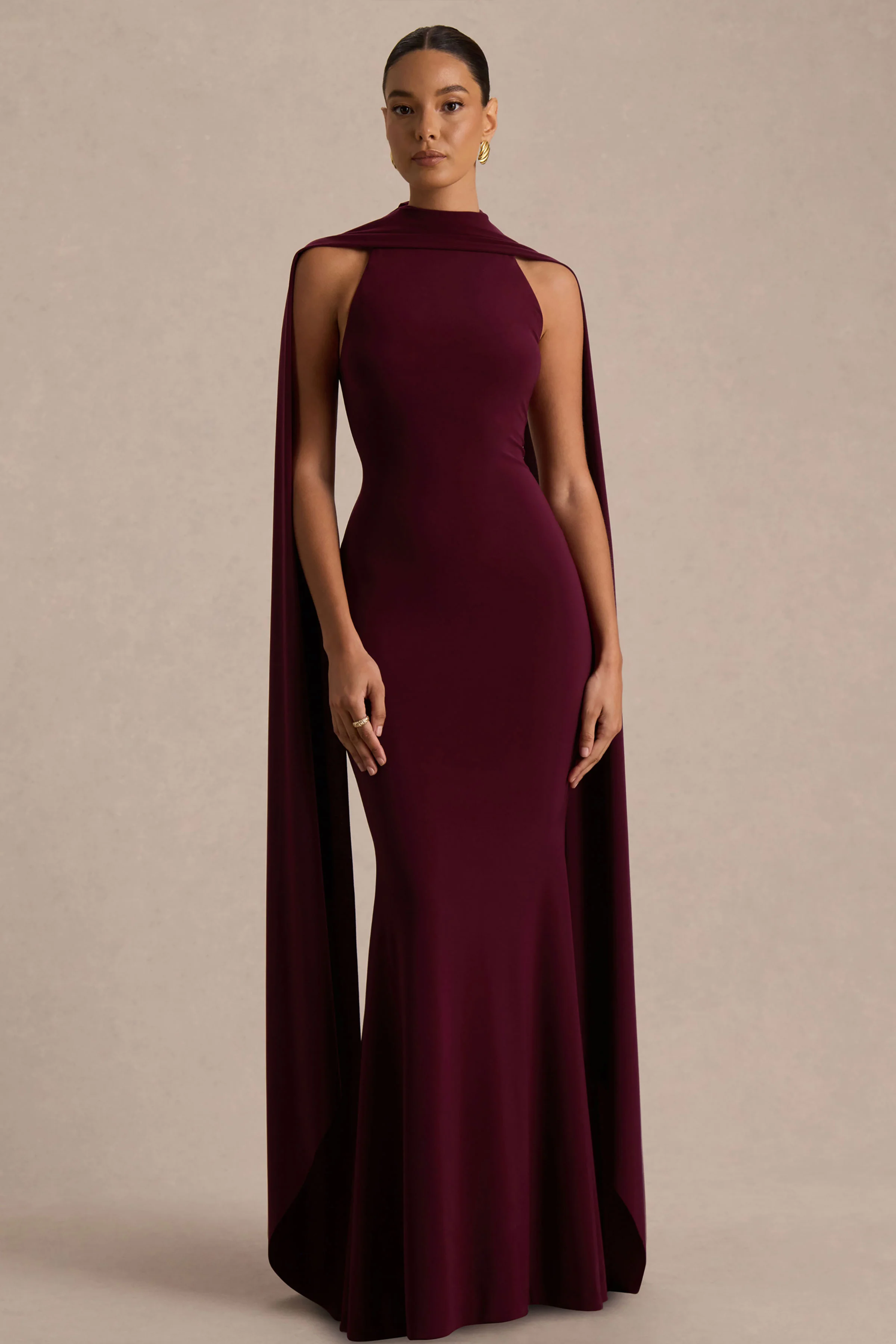 Cordy | Burgundy High-Neck Maxi Dress With Scarf-Detail