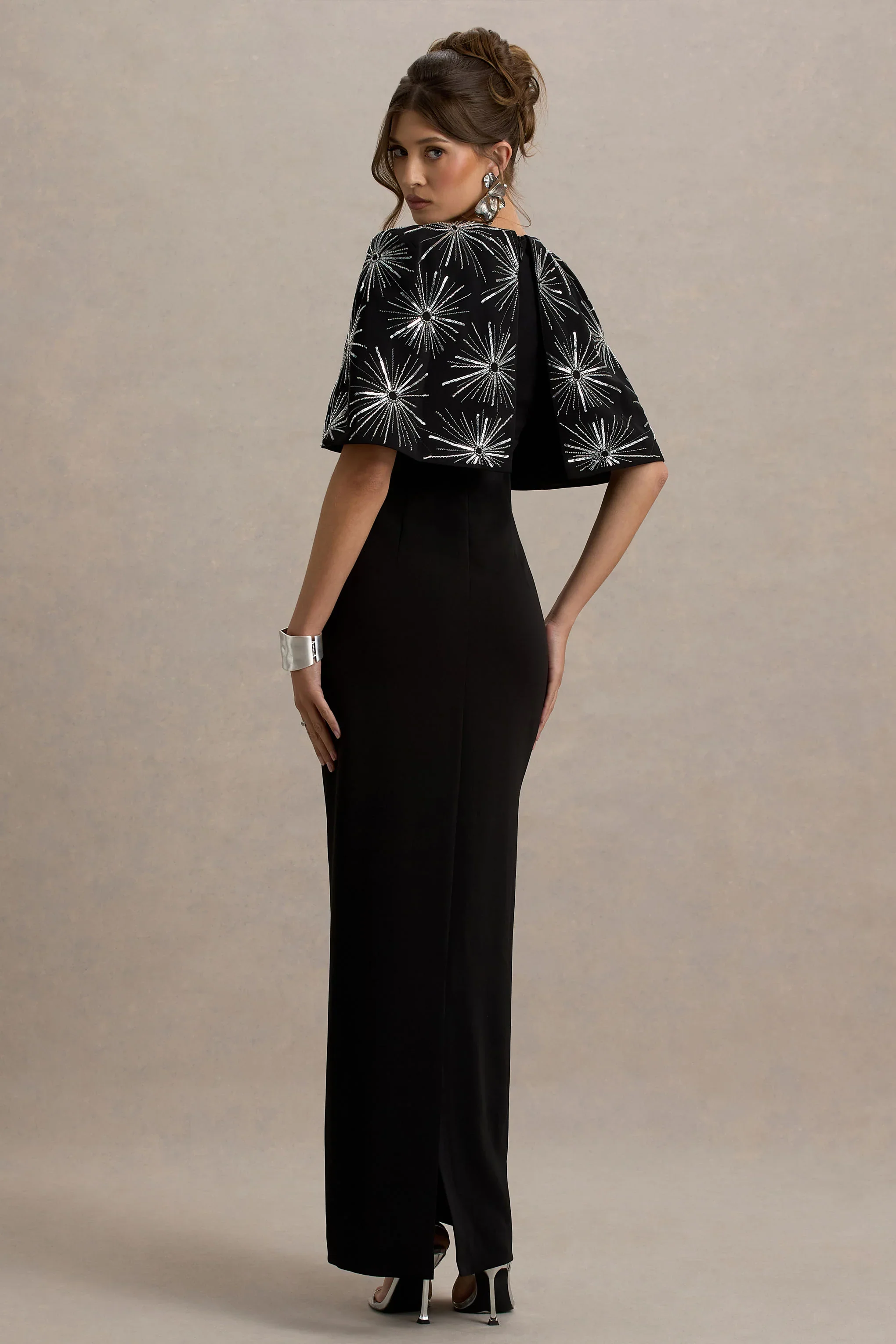 Agnella | Black Embellished V-Neck Maxi Dress