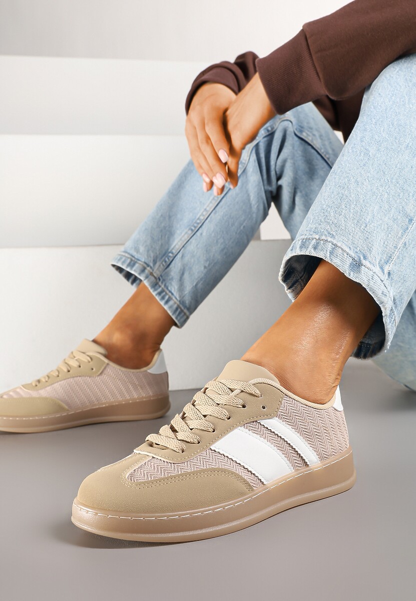 Ciemnobeżowe Sneakersy w Stylu Tenisówek z Paskami Eleaniria