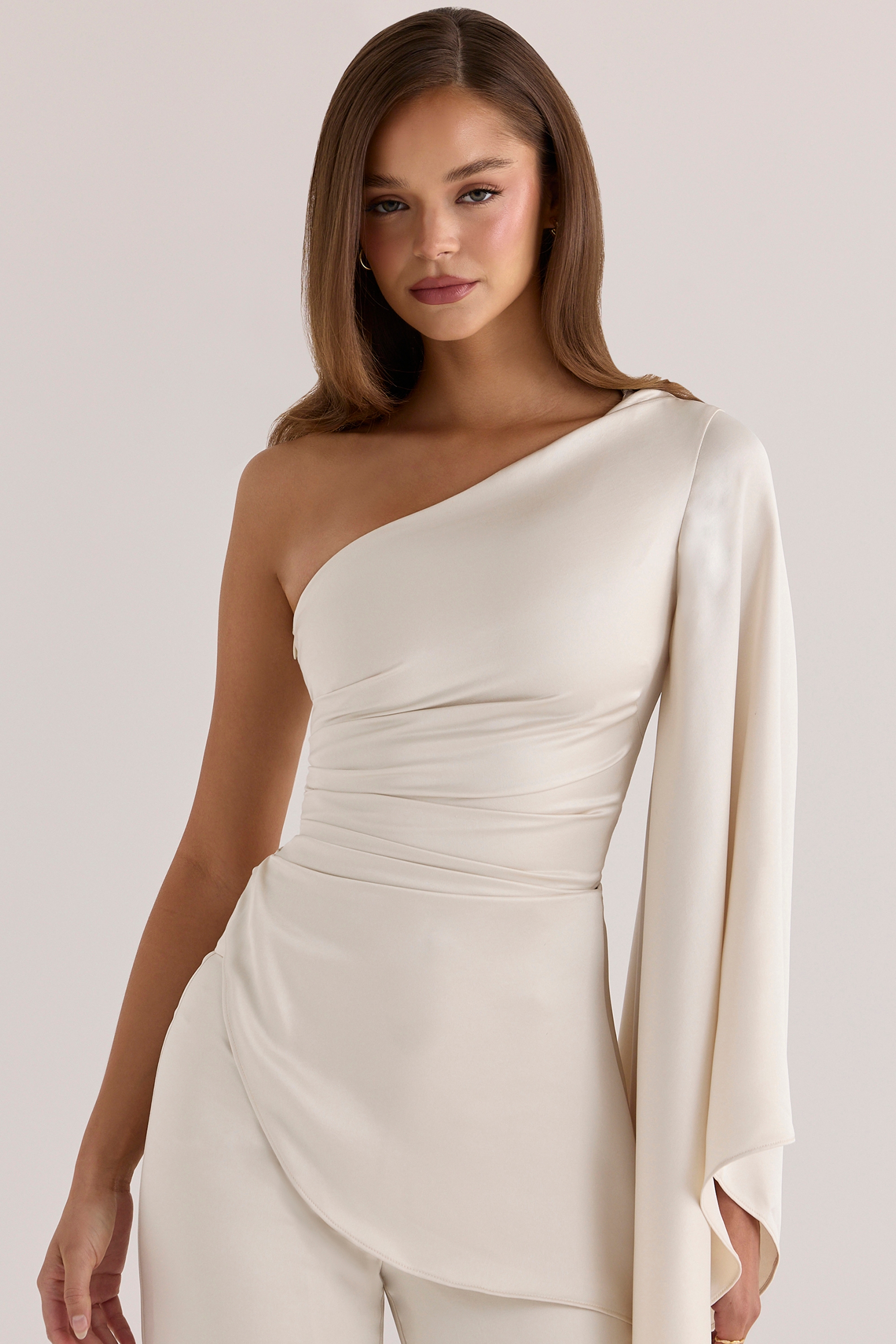 Oyster Satin One Sleeve Asymmetric Draped Top