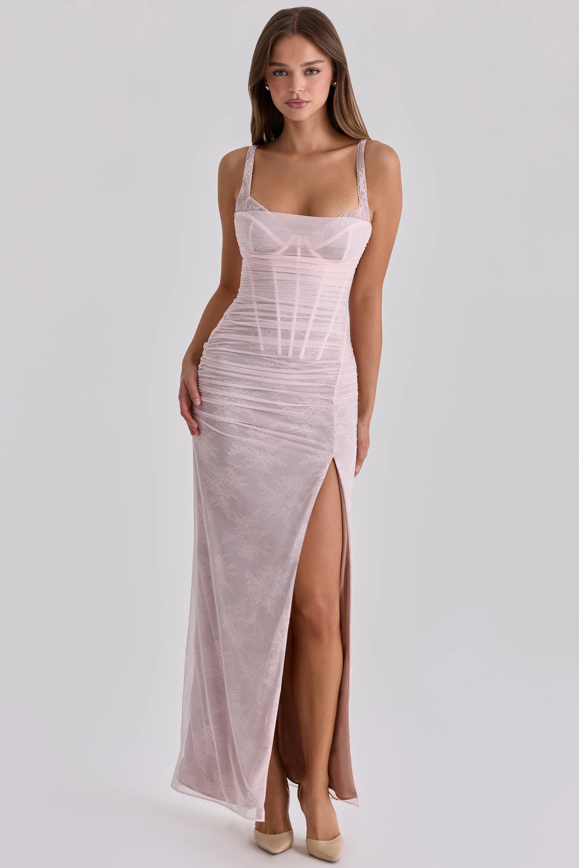 Baby Pink Lace Mesh Maxi Dress