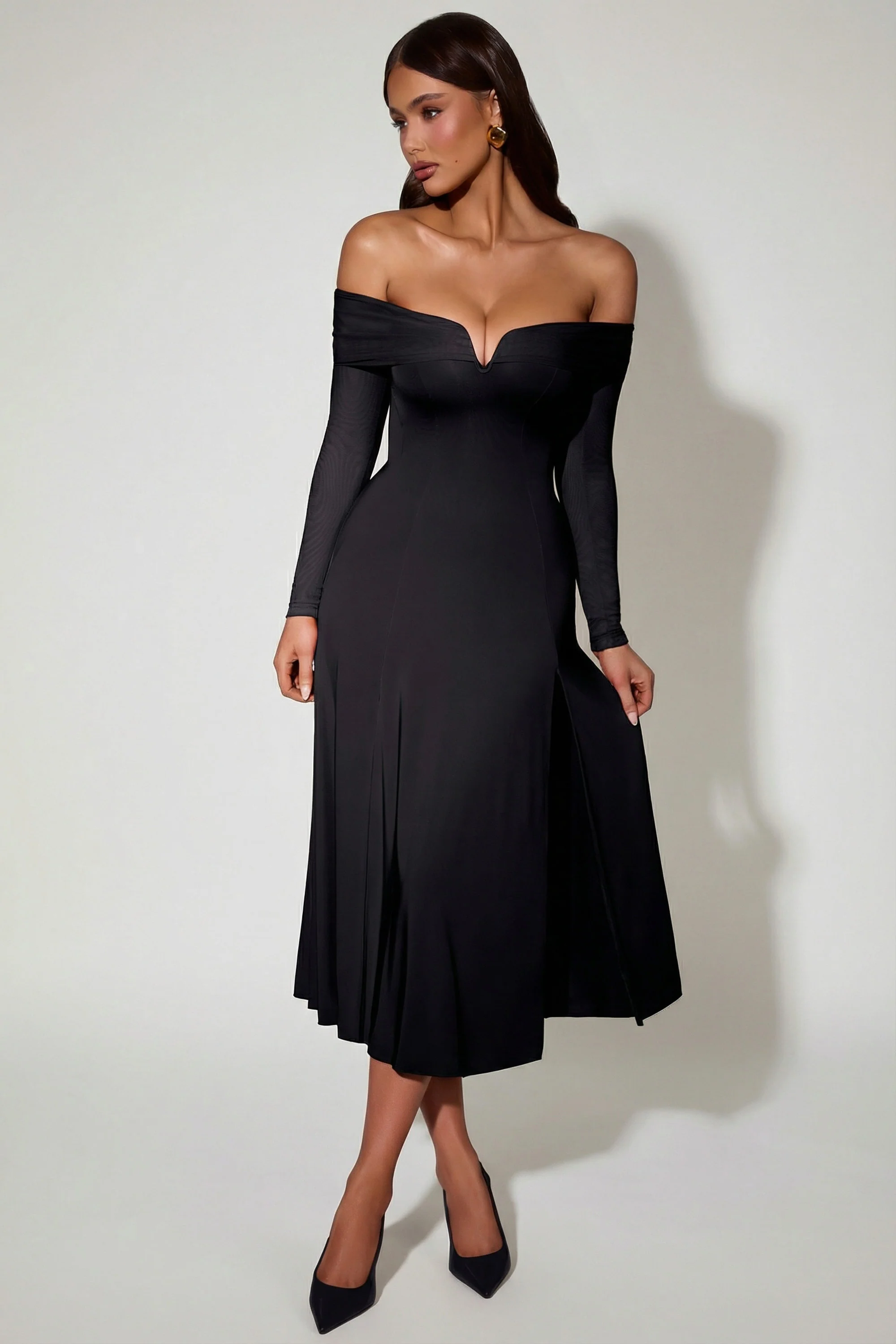 Off-Shoulder Lace-Up A-Line Midaxi Dress in Black