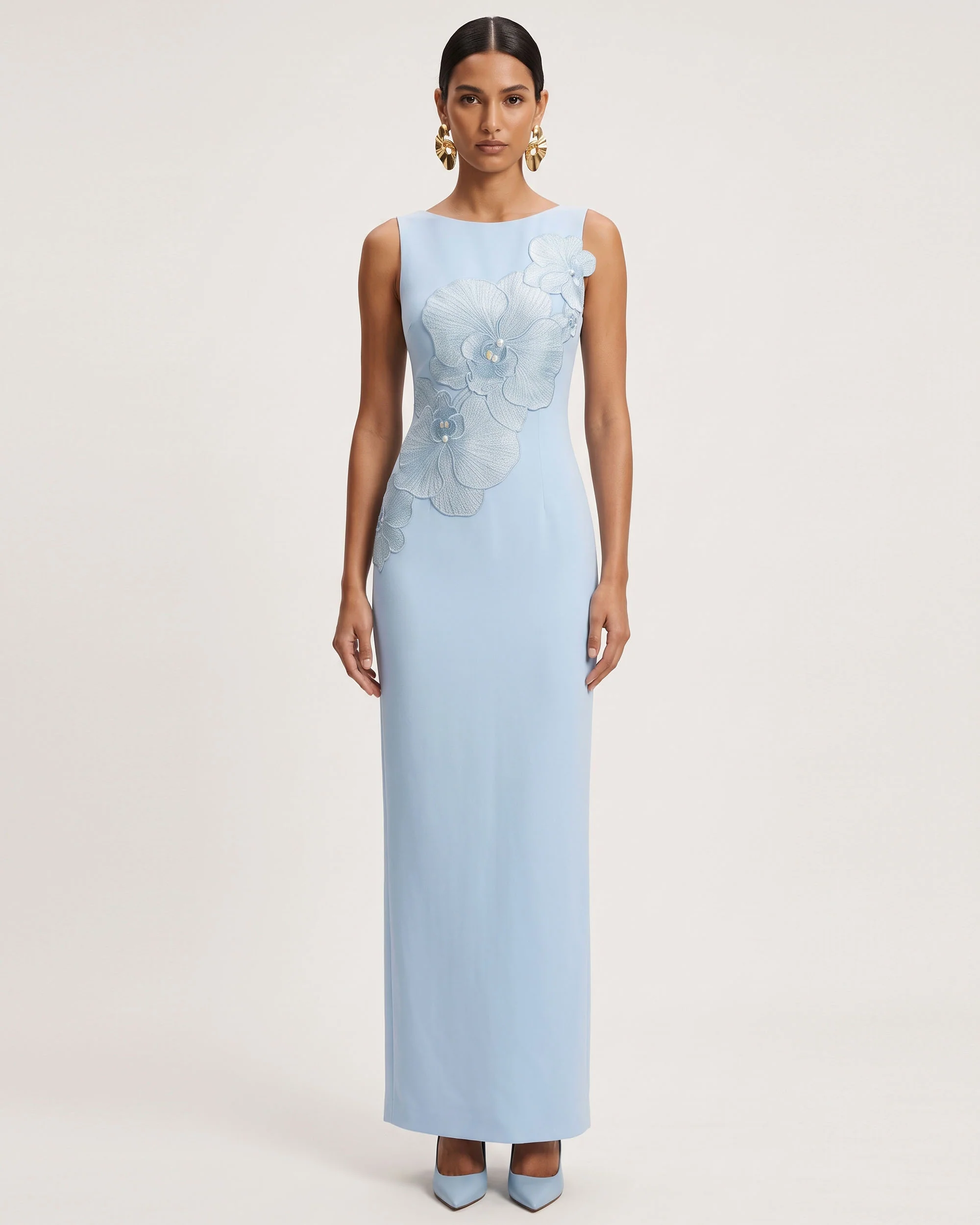 Orchid Embroidered Crew Neck Fitted Maxi Dress - Light Blue