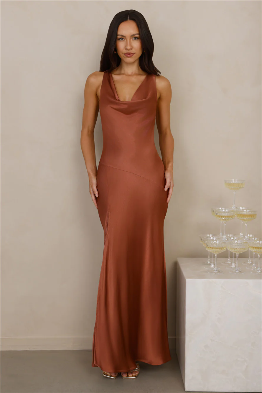 The Loretta Cowl Satin Maxi Dress Copper