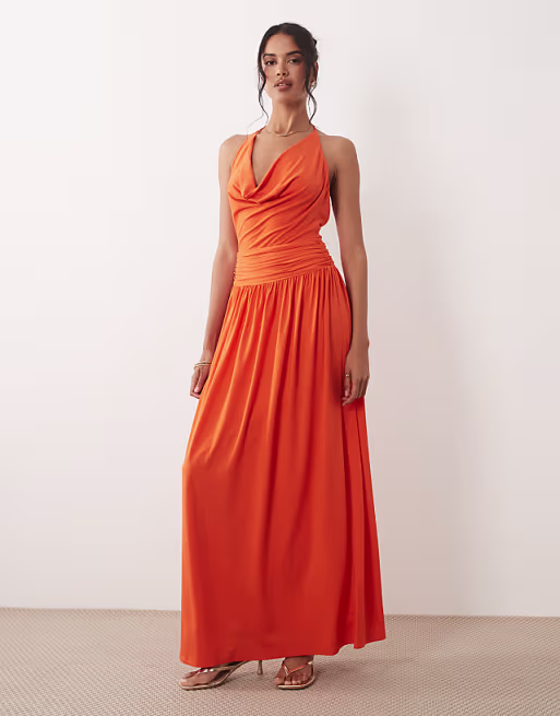 TFNC slinky cami halter full skirt maxi dress in orange