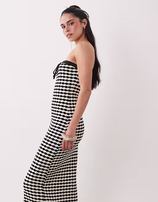 knit jersey bandeau maxi dress in mono gingham