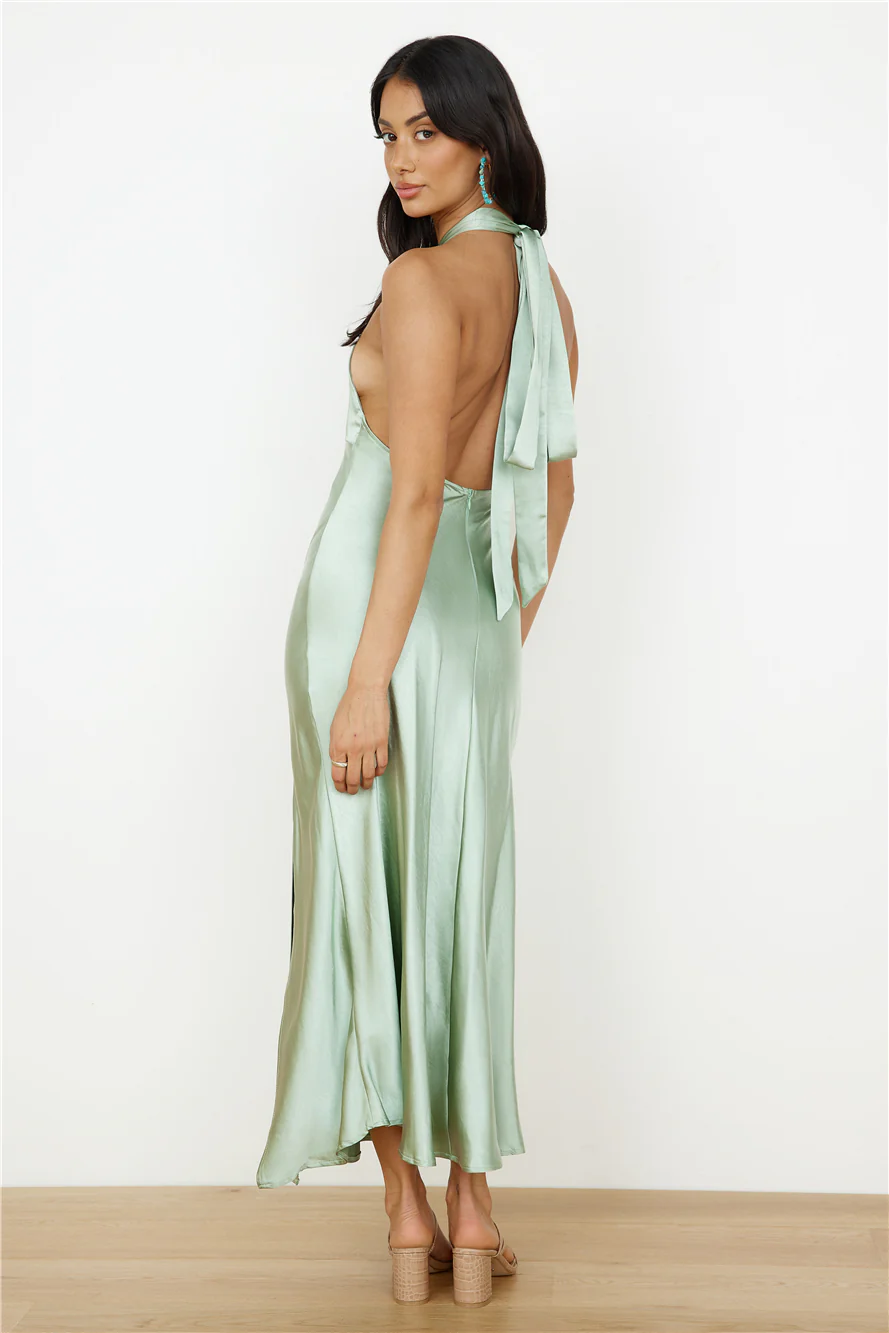 In My Feelings Satin Maxi Dress Sage