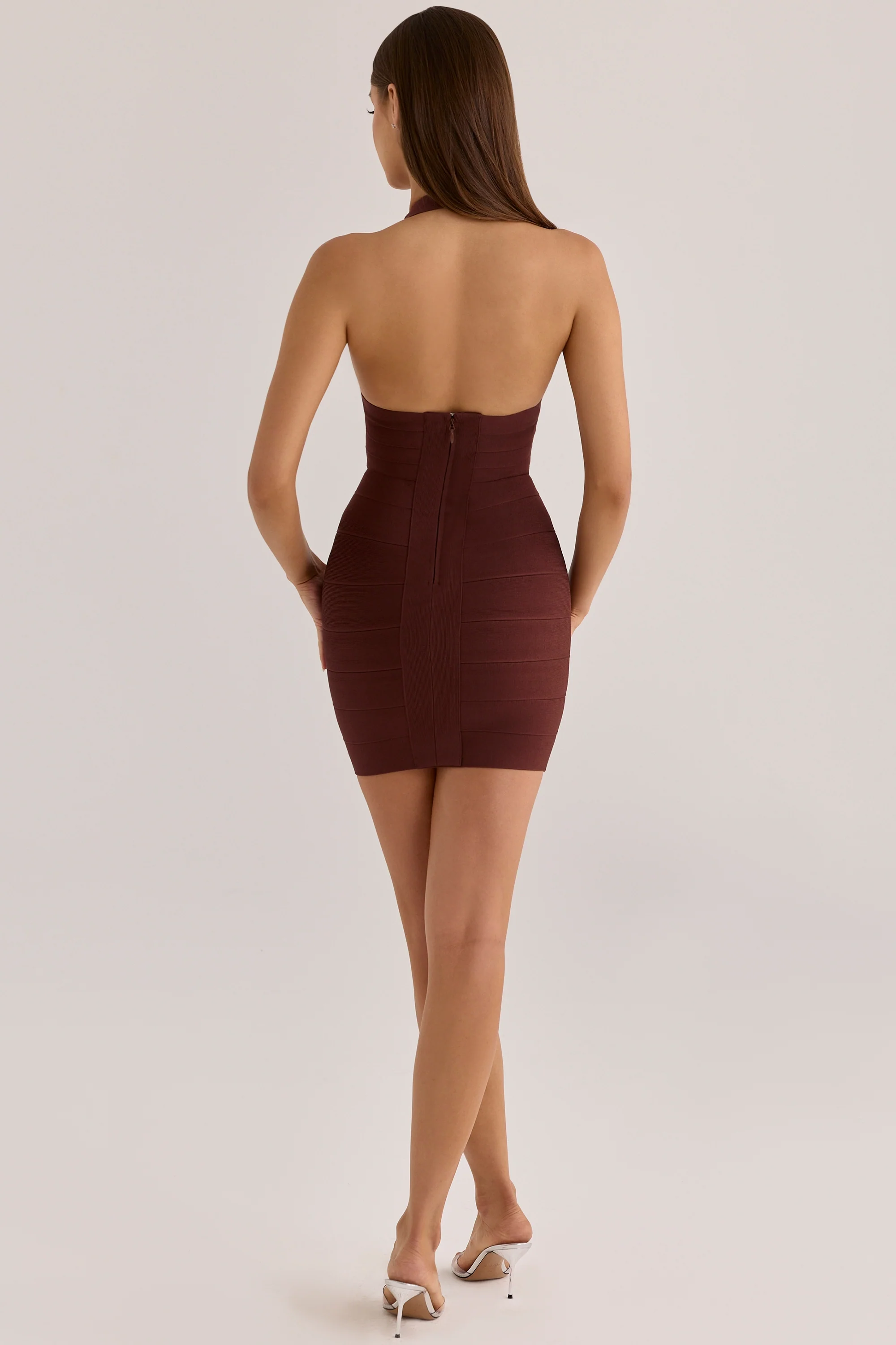 Burnt Sugar Deep V Halter Mini  Bandage Dress
