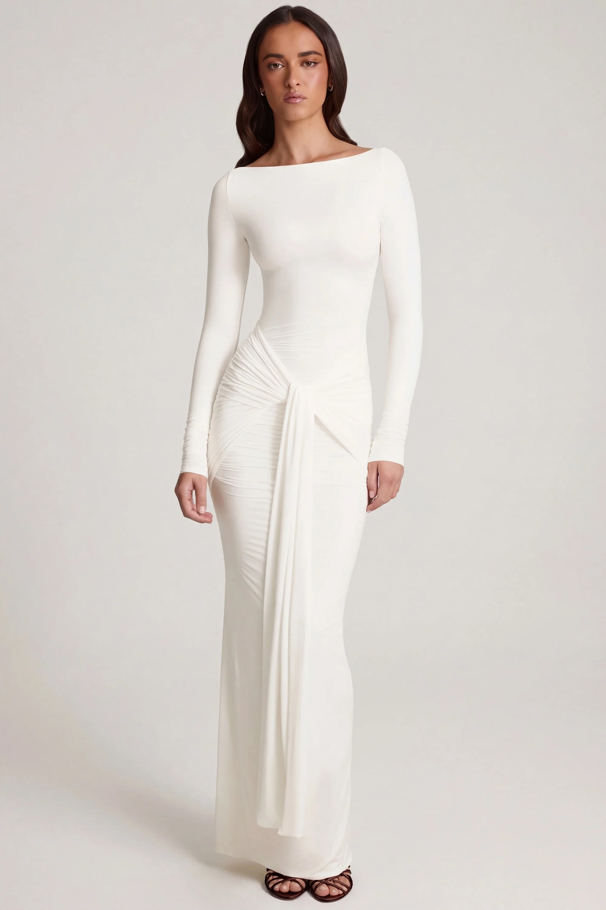 Soft Jersey Boat-Neck Tie-Gather Maxi Dress in White