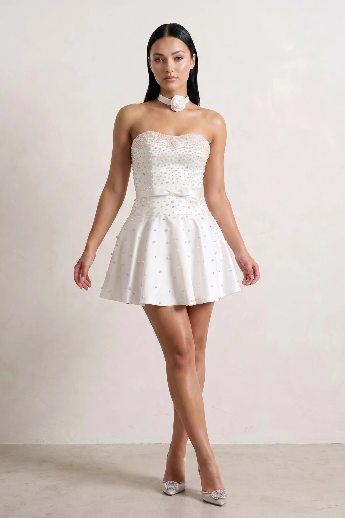 Hot Pink Strapless Pearl A-Line Satin Homecoming Dress With Bowknot