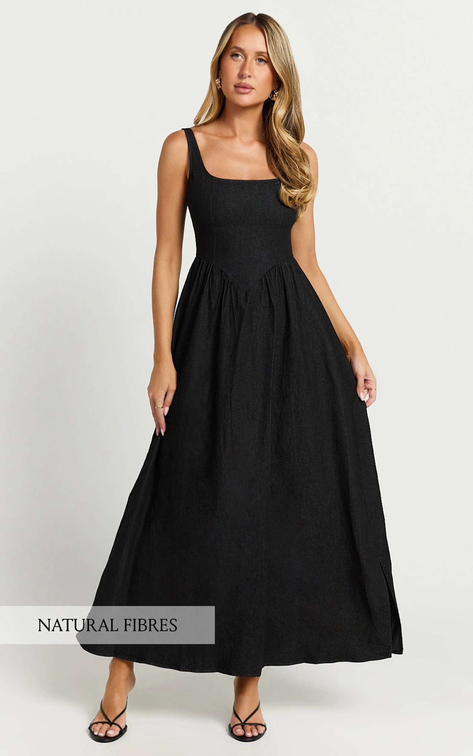 Rhaziya Midi Dress - Sleeveless Straight Neck Fit and Flare Dress in Black