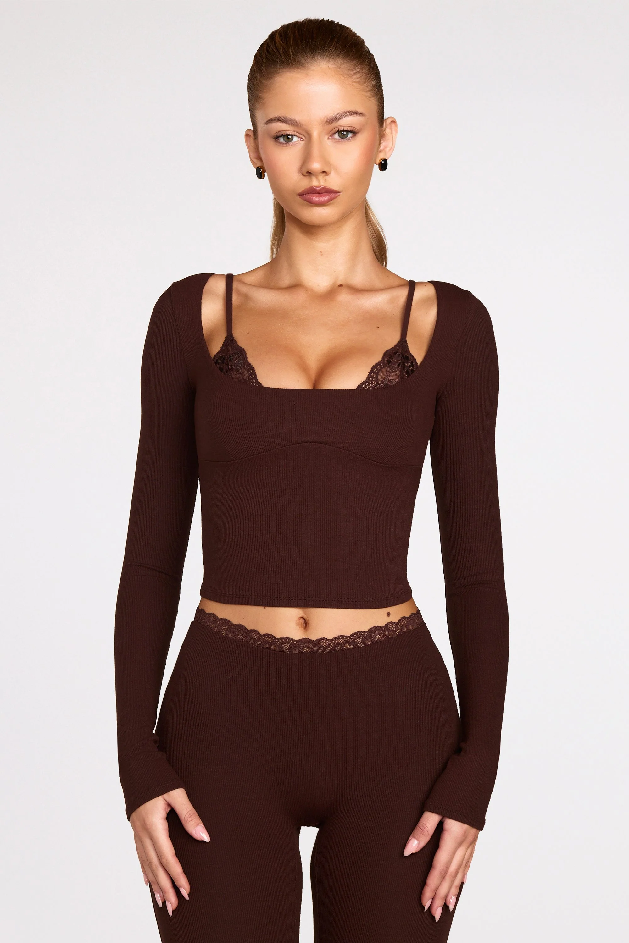 Ribbed Modal Long-Sleeve Laced Bra Top in Chocolate Brown